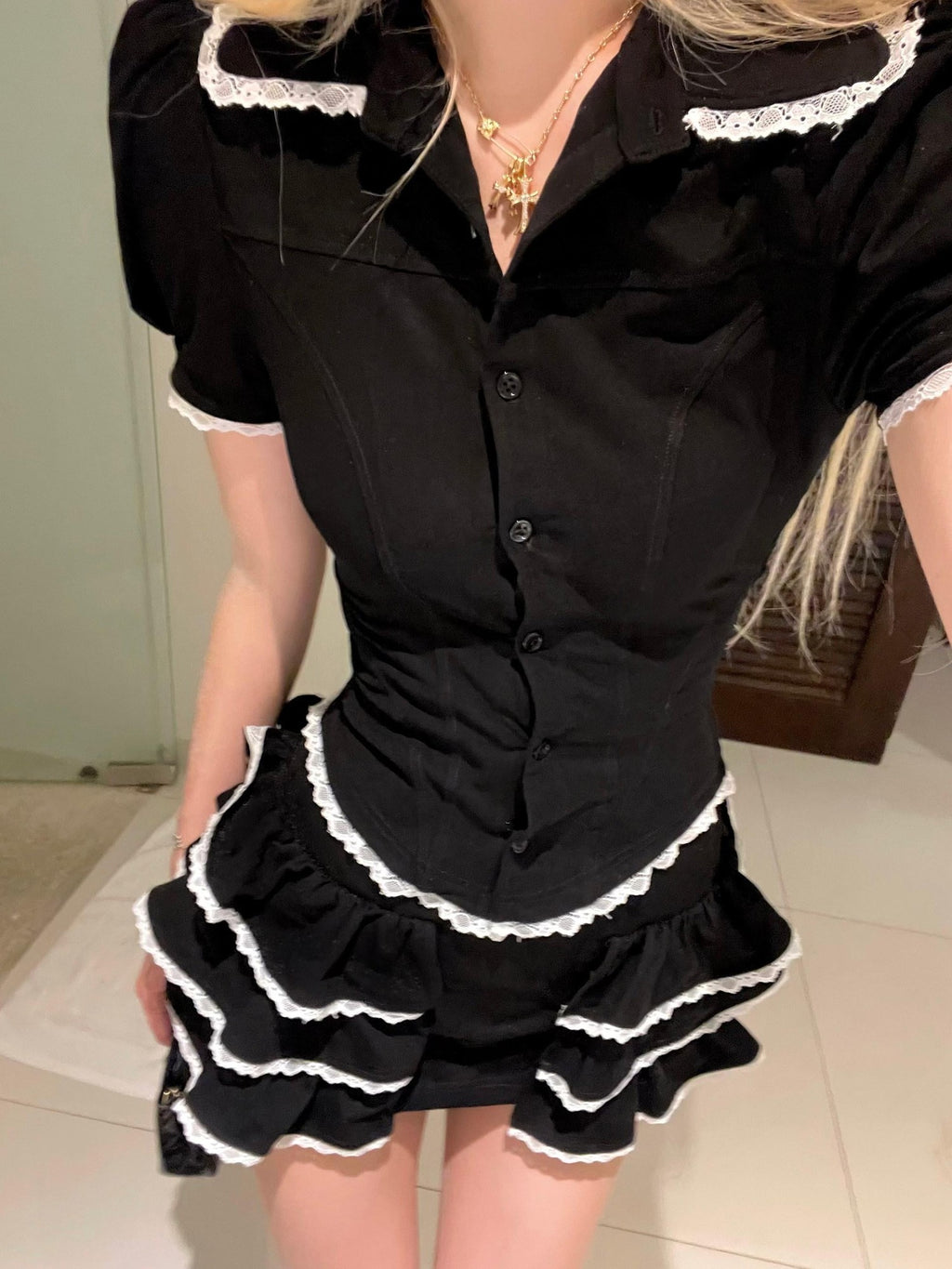 Rase le sol Peter Pan Collar Puff Sleeve Women's Tiered Ruffle Skirt Matching Skirt Sets