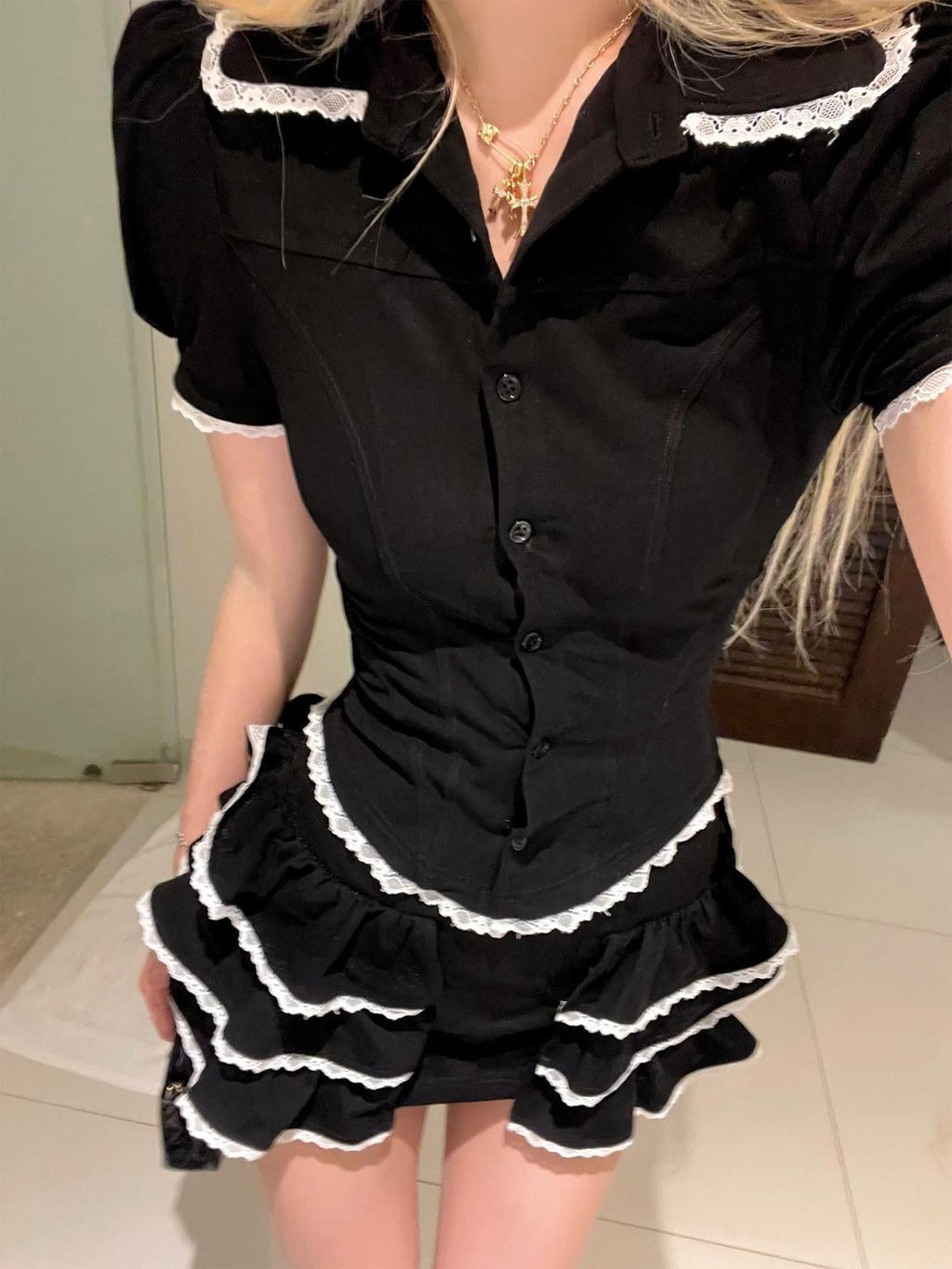 Rase le sol Peter Pan Collar Puff Sleeve Women's Tiered Ruffle Skirt Matching Skirt Sets