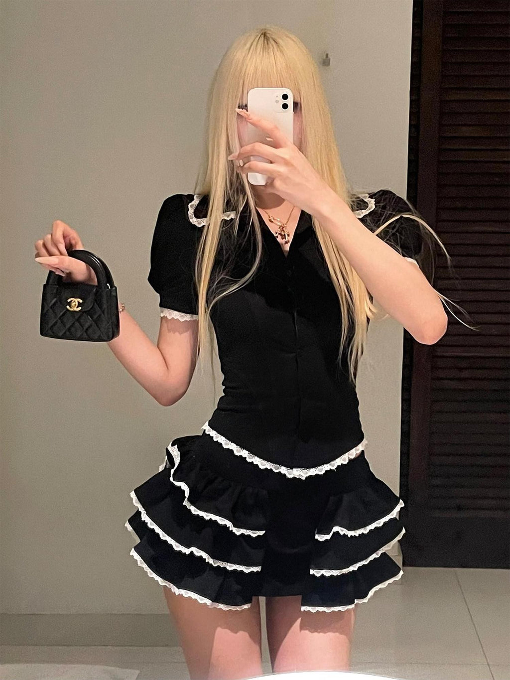 Rase le sol Peter Pan Collar Puff Sleeve Women's Tiered Ruffle Skirt Matching Skirt Sets
