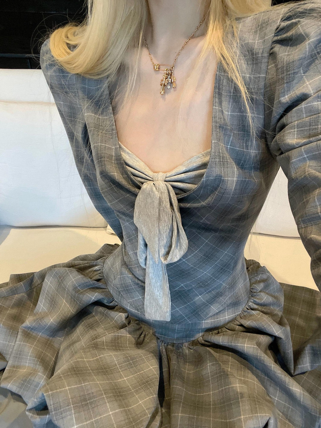 Rase le sol Plaid Faux Two Piece Top Asymmetrical Midi Skirt Women's Matching Skirt Sets