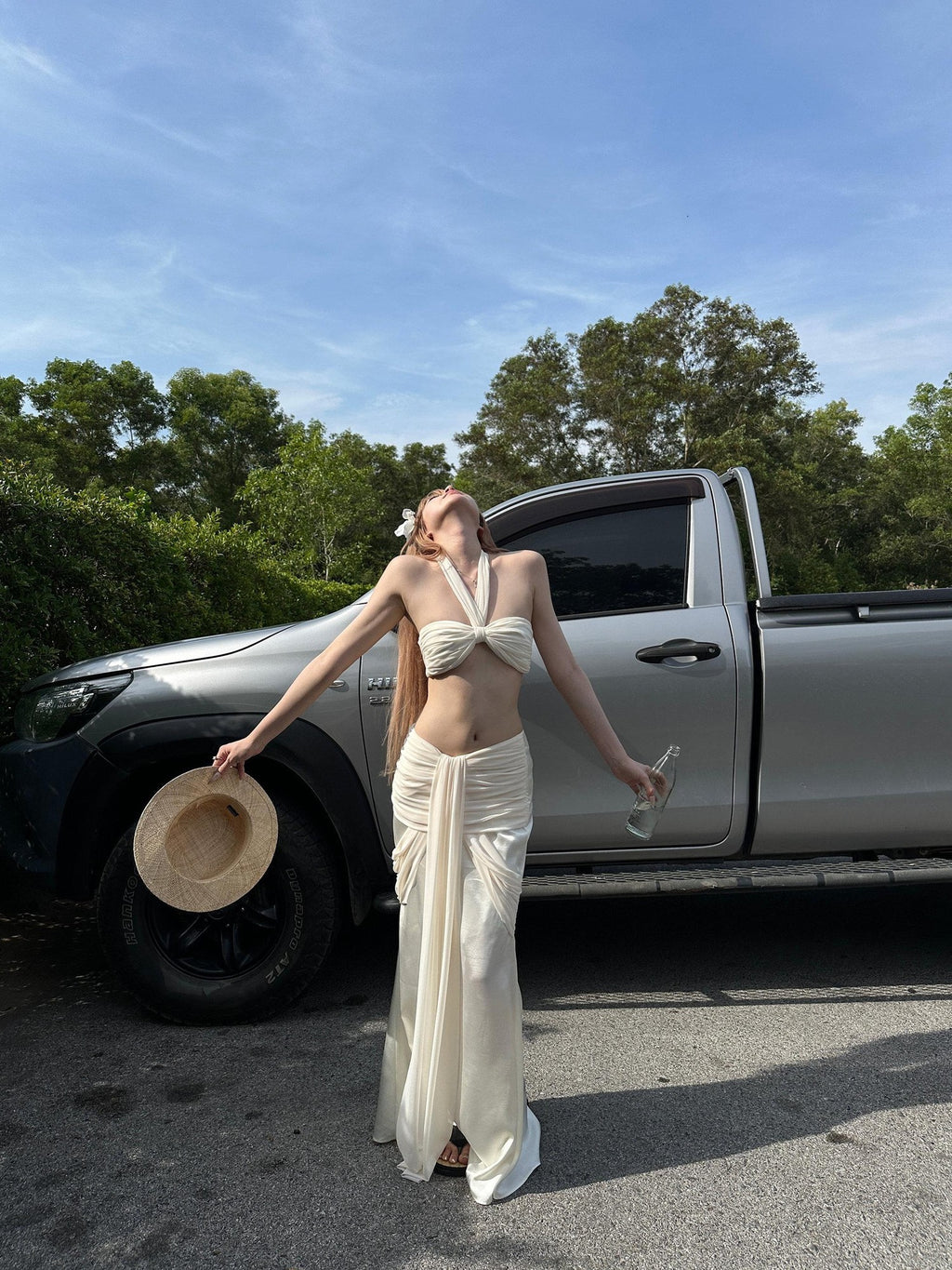 Rase le sol Pleated Ruched Bow Halter Neck Bandeau Top Women's Matching Skirt Sets