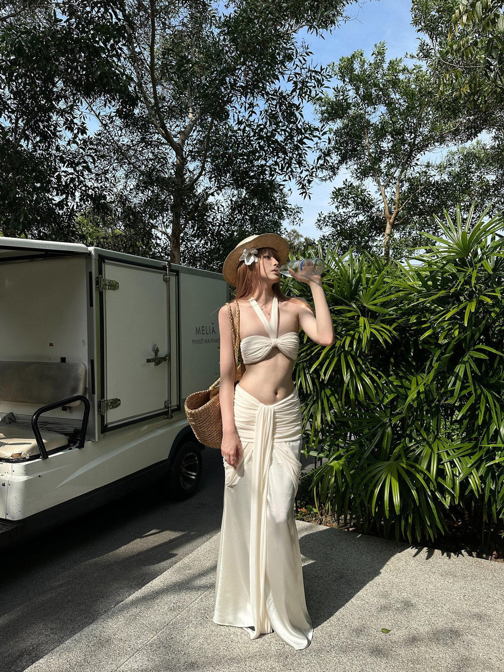 Rase le sol Pleated Ruched Bow Halter Neck Bandeau Top Women's Matching Skirt Sets