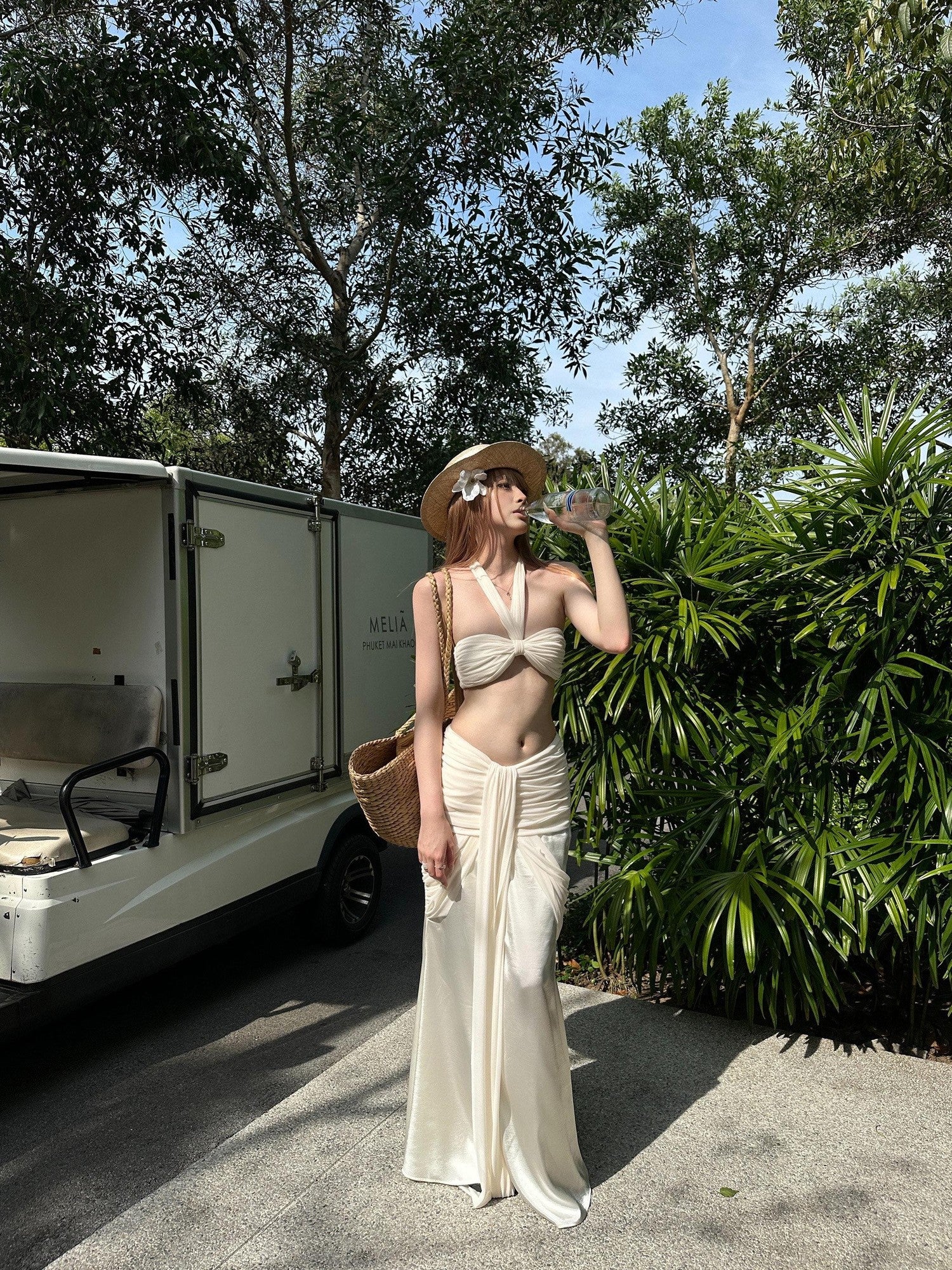 Rase le sol Pleated Ruched Bow Halter Neck Bandeau Top Women's Matching Skirt Sets