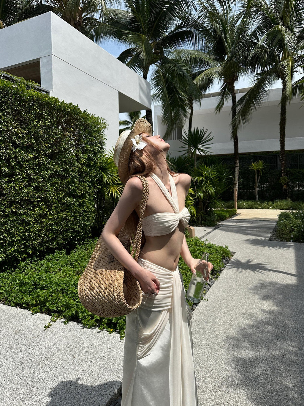 Rase le sol Pleated Ruched Bow Halter Neck Bandeau Top Women's Matching Skirt Sets