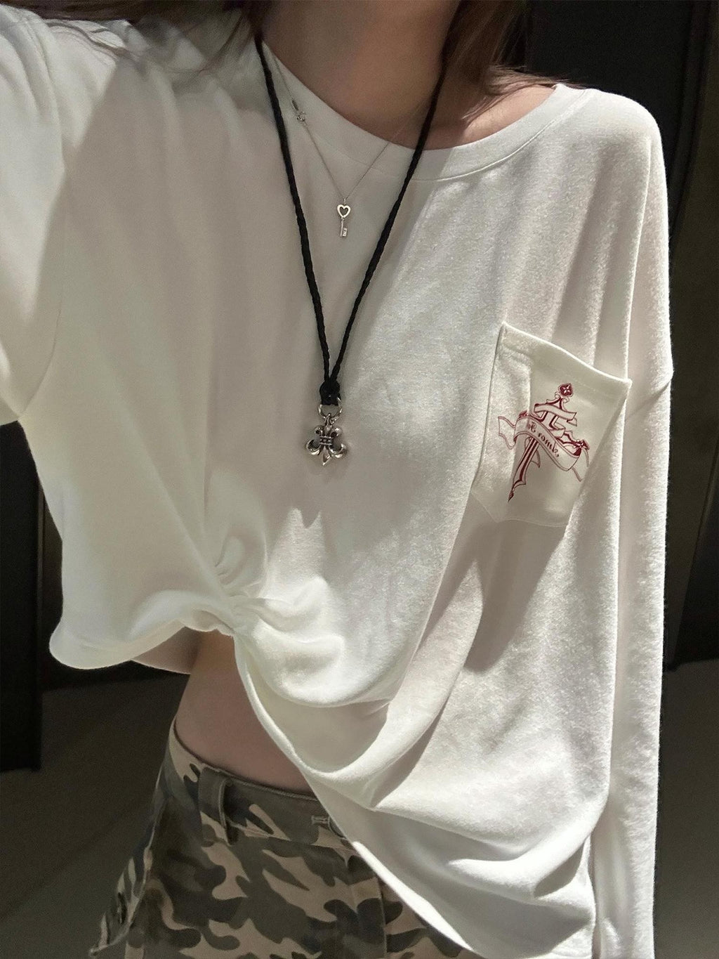 Rase le sol Pocket Print Side Structure Loose Fit Women's Viscose Long Sleeve T-shirts