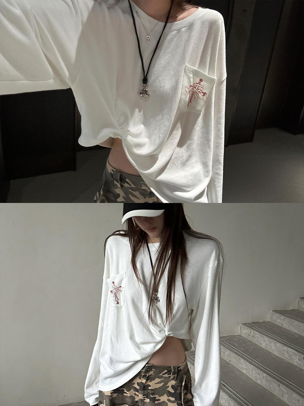 Rase le sol Pocket Print Side Structure Loose Fit Women's Viscose Long Sleeve T-shirts
