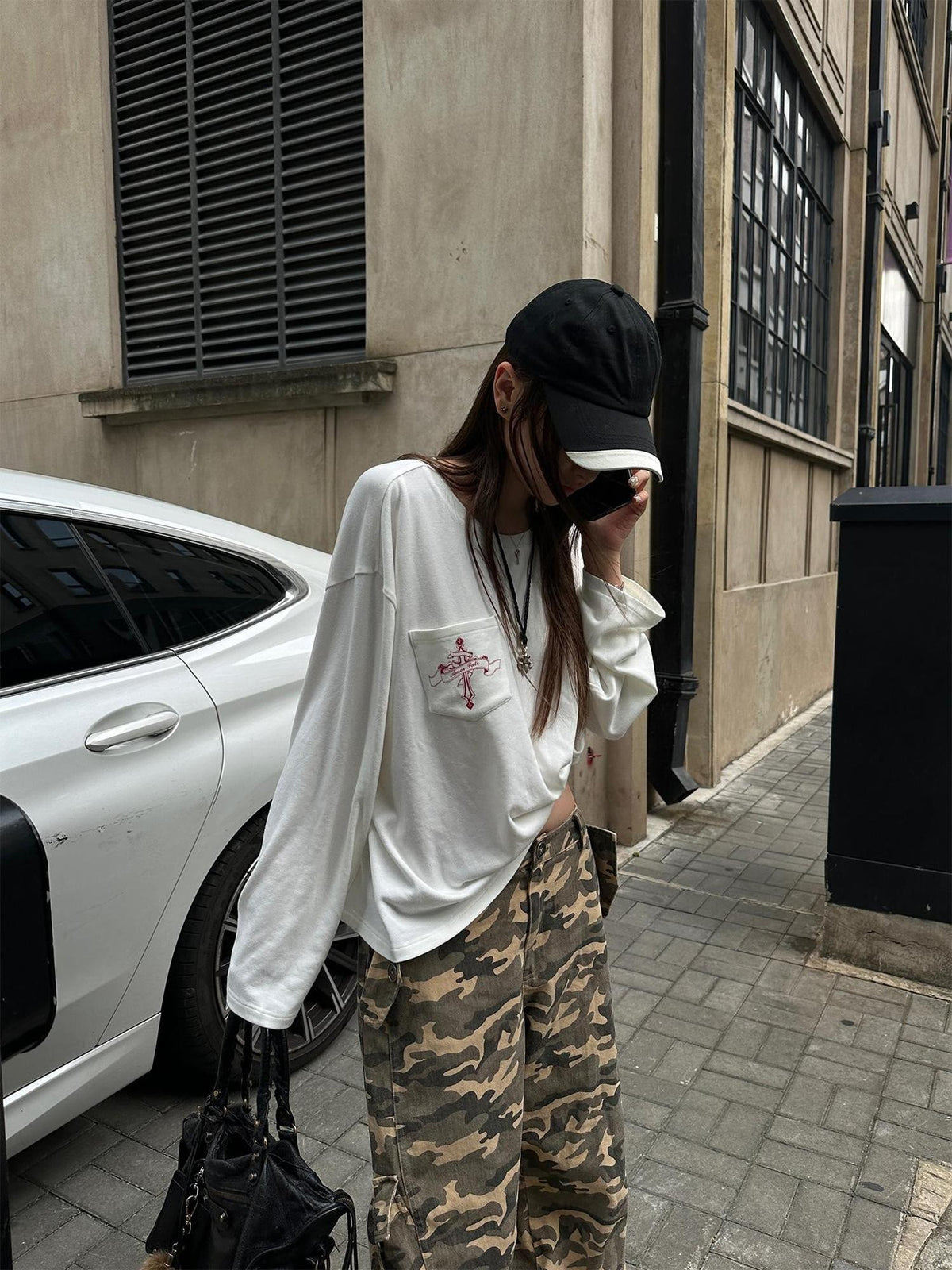 Rase le sol Pocket Print Side Structure Loose Fit Women's Viscose Long Sleeve T-shirts