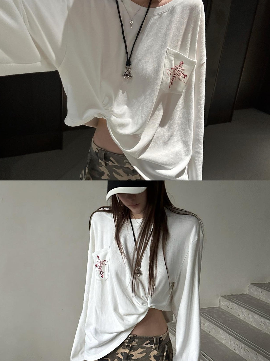 Rase le sol Pocket Print Side Structure Loose Fit Women's Viscose Long Sleeve T-shirts