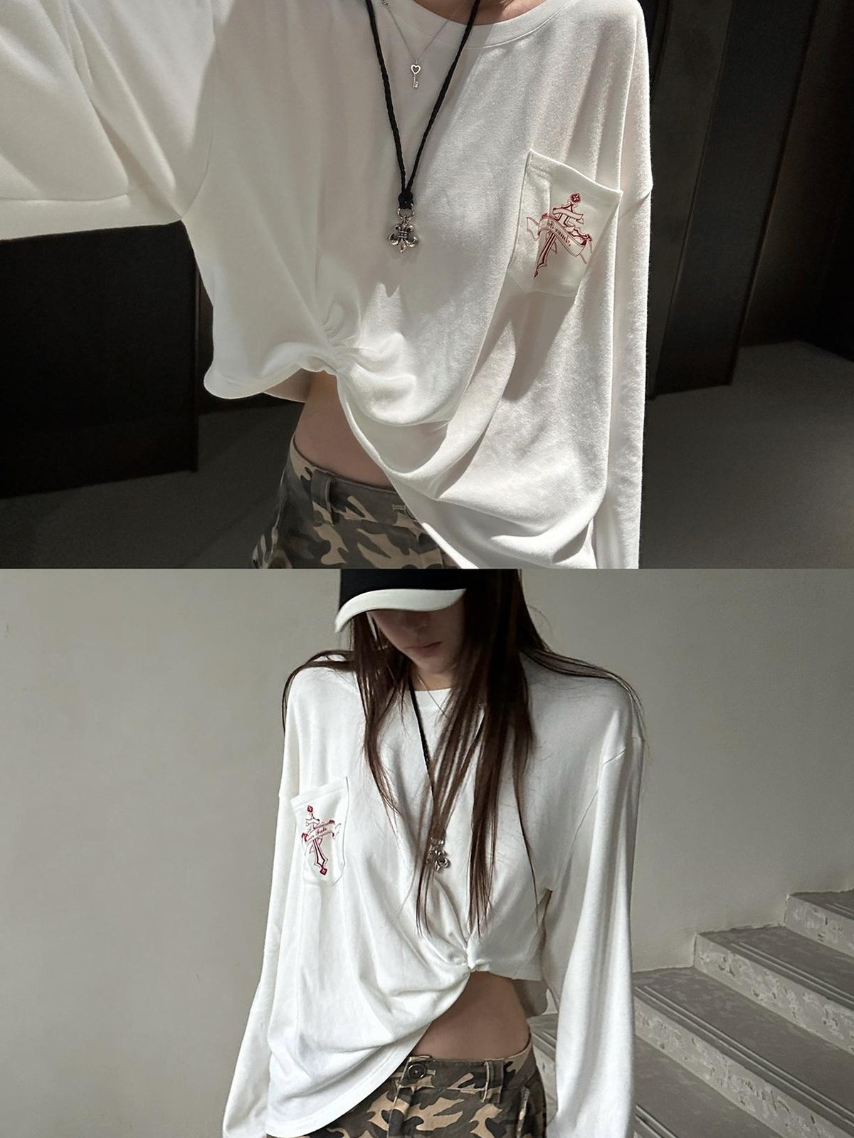 Rase le sol Pocket Print Side Structure Loose Fit Women's Viscose Long Sleeve T-shirts