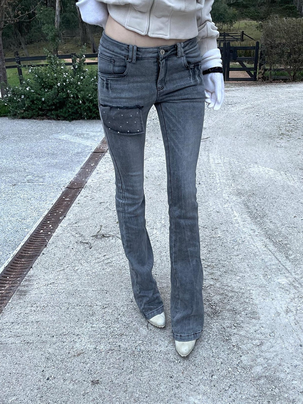 Rase le sol Polka Dot Pocket Low Rise Cotton Women's Bootcut Jeans