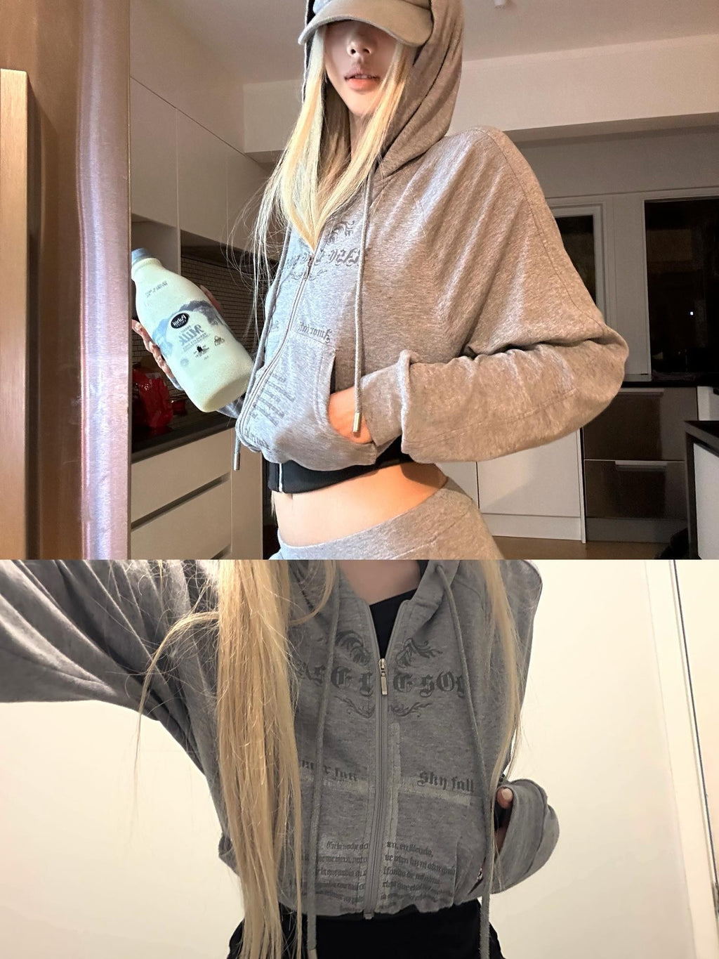 Rase le sol Print Hooded Cropped Relaxed Fit Cotton Blend Women's Tracksuit Sets