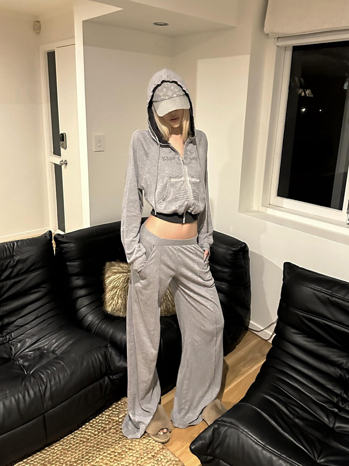 Rase le sol Print Hooded Cropped Relaxed Fit Cotton Blend Women's Tracksuit Sets