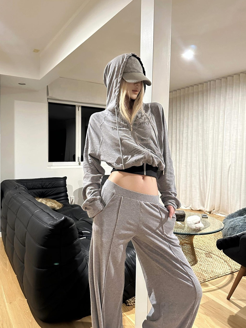 Rase le sol Print Hooded Cropped Relaxed Fit Cotton Blend Women's Tracksuit Sets