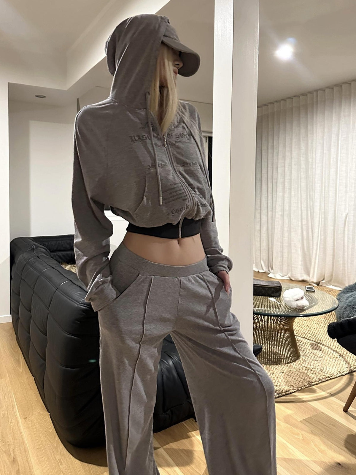 Rase le sol Print Hooded Cropped Relaxed Fit Cotton Blend Women's Tracksuit Sets