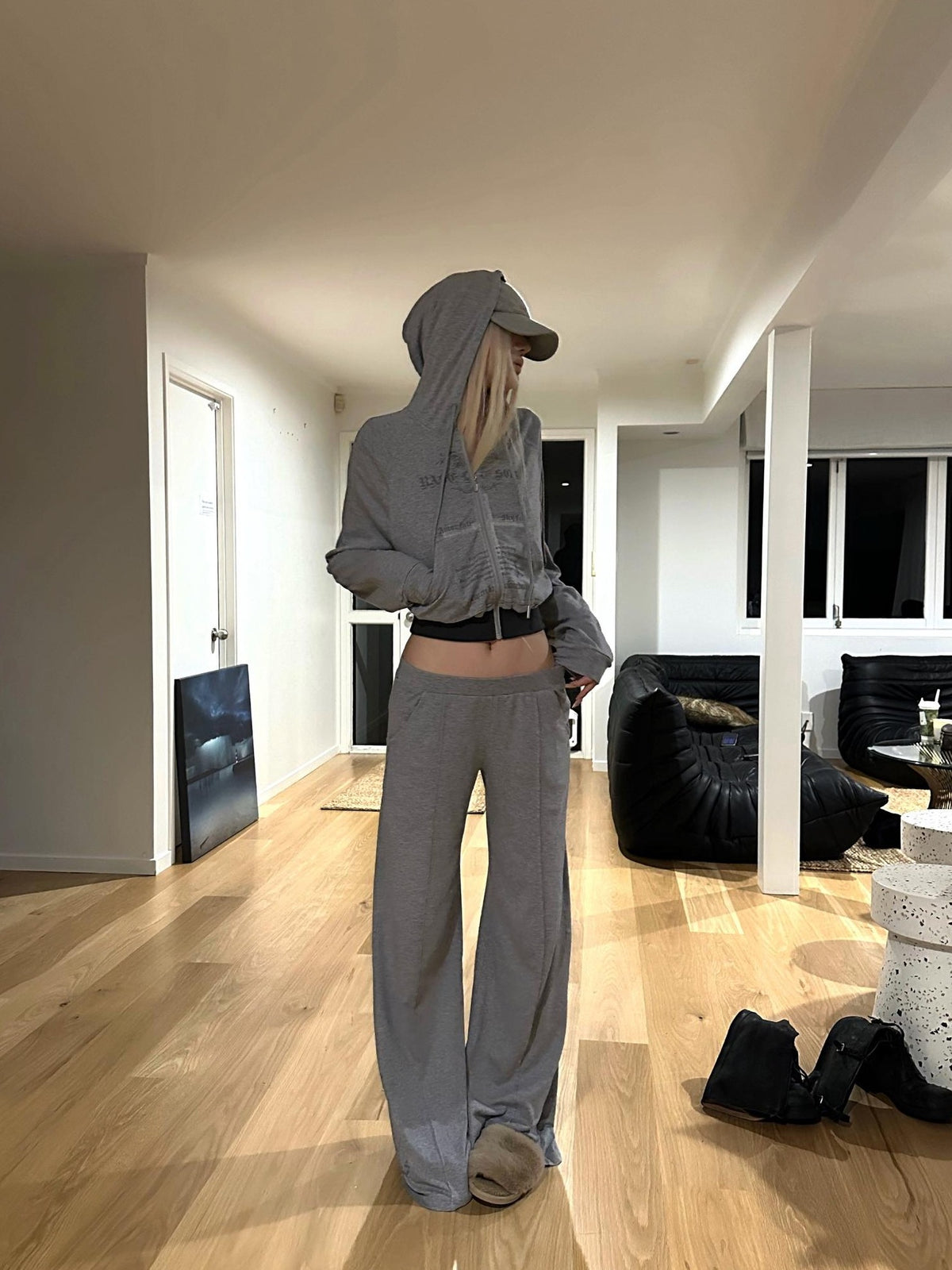 Rase le sol Print Hooded Cropped Relaxed Fit Cotton Blend Women's Tracksuit Sets