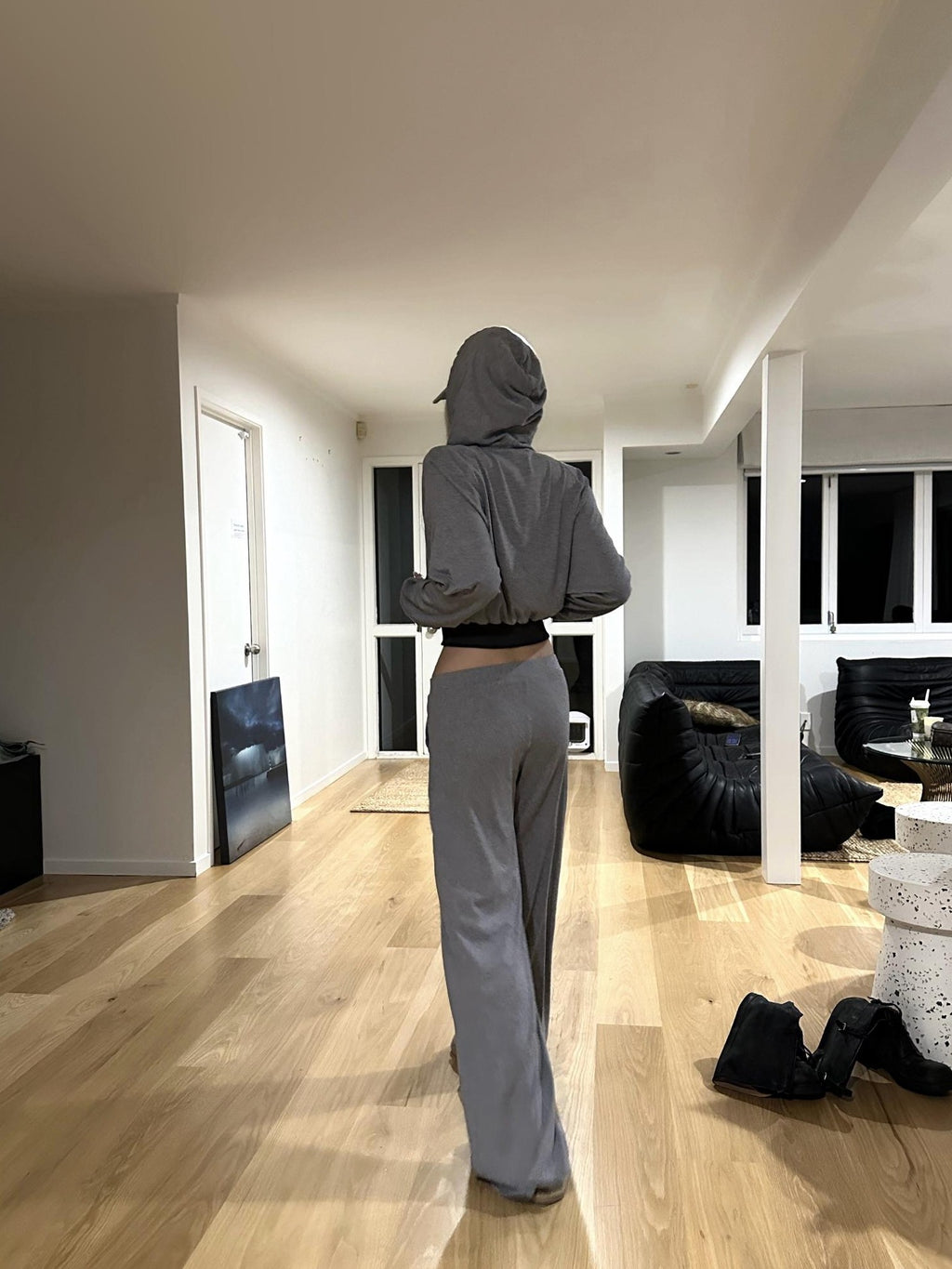 Rase le sol Print Hooded Cropped Relaxed Fit Cotton Blend Women's Tracksuit Sets