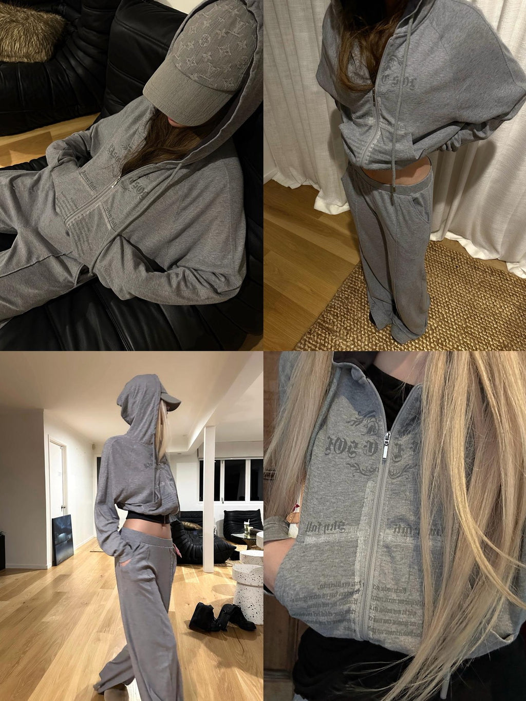 Rase le sol Print Hooded Cropped Relaxed Fit Cotton Blend Women's Tracksuit Sets