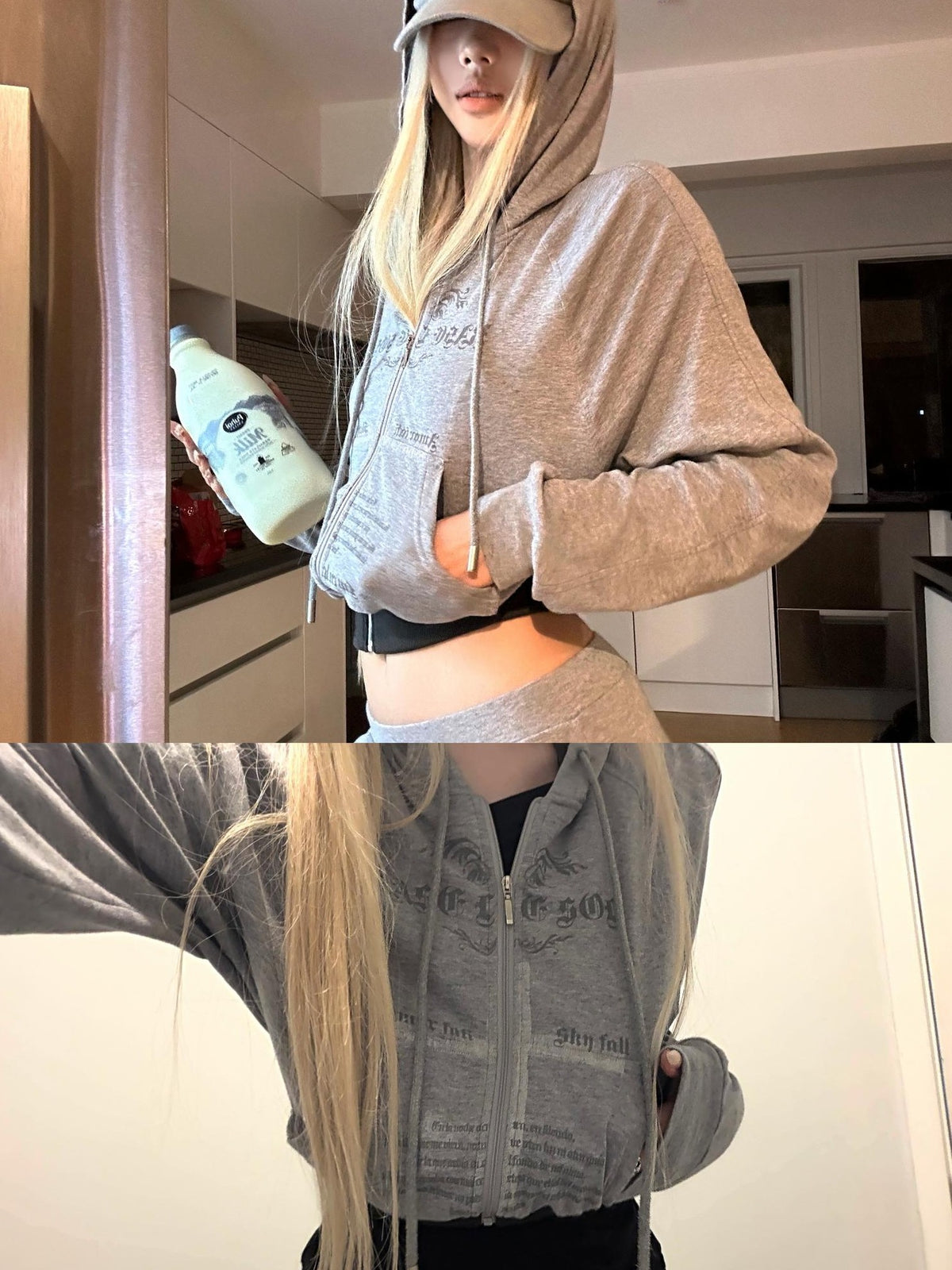 Rase le sol Print Hooded Cropped Relaxed Fit Cotton Blend Women's Tracksuit Sets