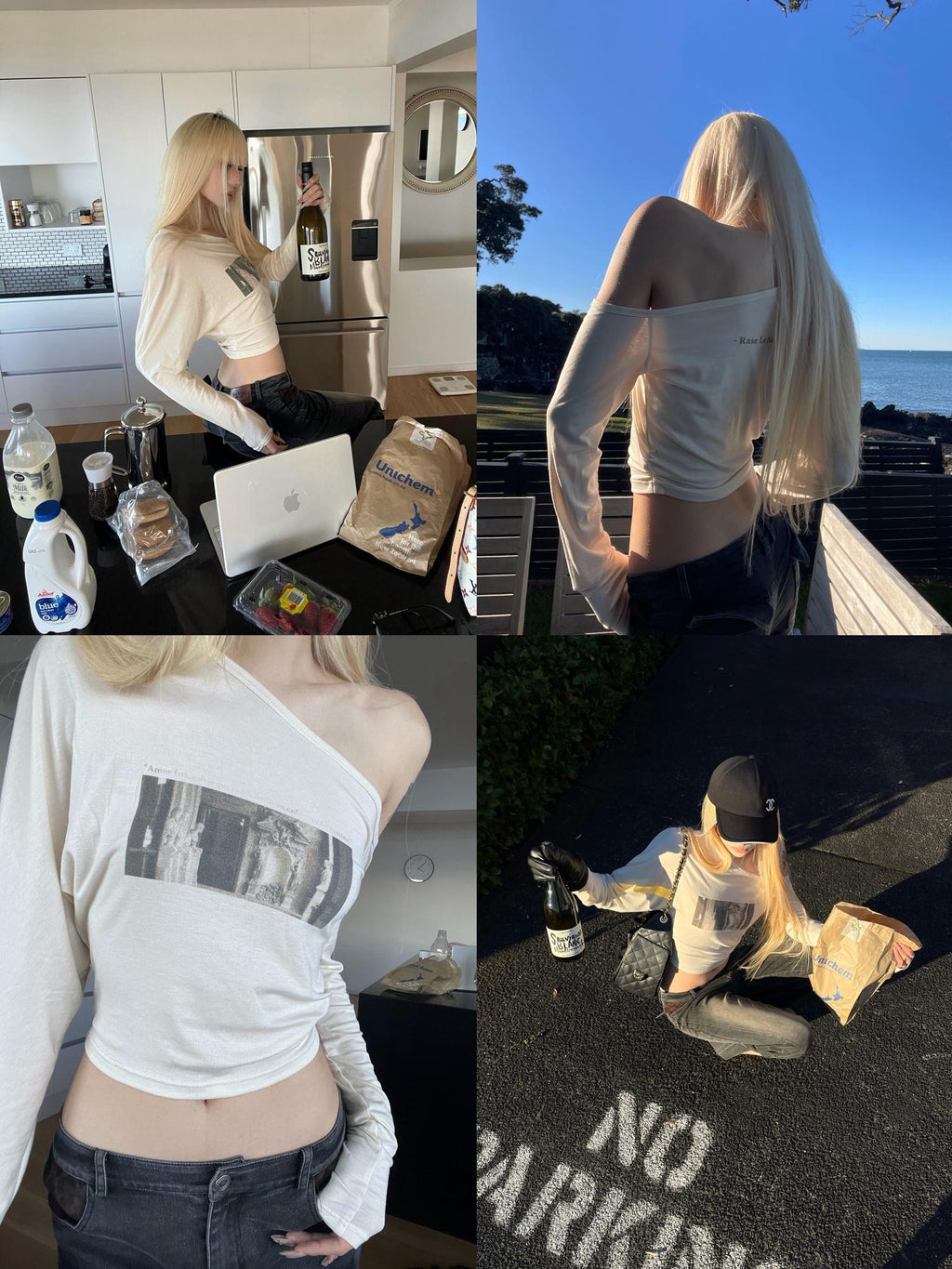 Rase le sol Printed Asymmetric Shoulder Slim Fit Lyocell Women's Long Sleeve T-shirts