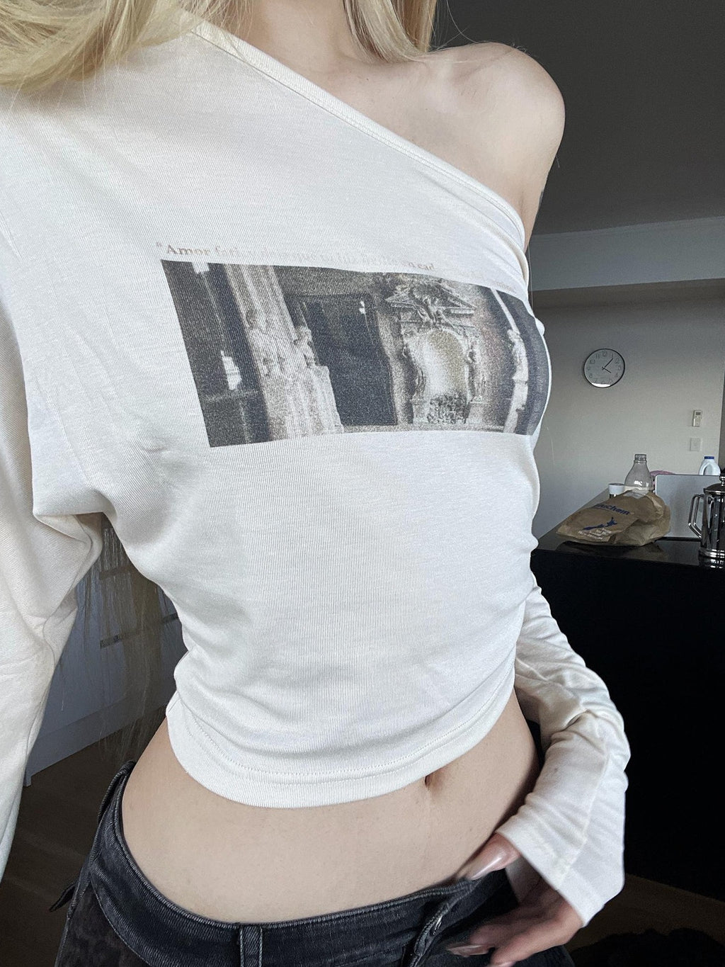 Rase le sol Printed Asymmetric Shoulder Slim Fit Lyocell Women's Long Sleeve T-shirts