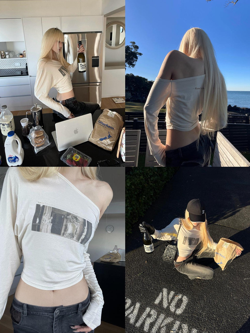Rase le sol Printed Asymmetric Shoulder Slim Fit Lyocell Women's Long Sleeve T-shirts