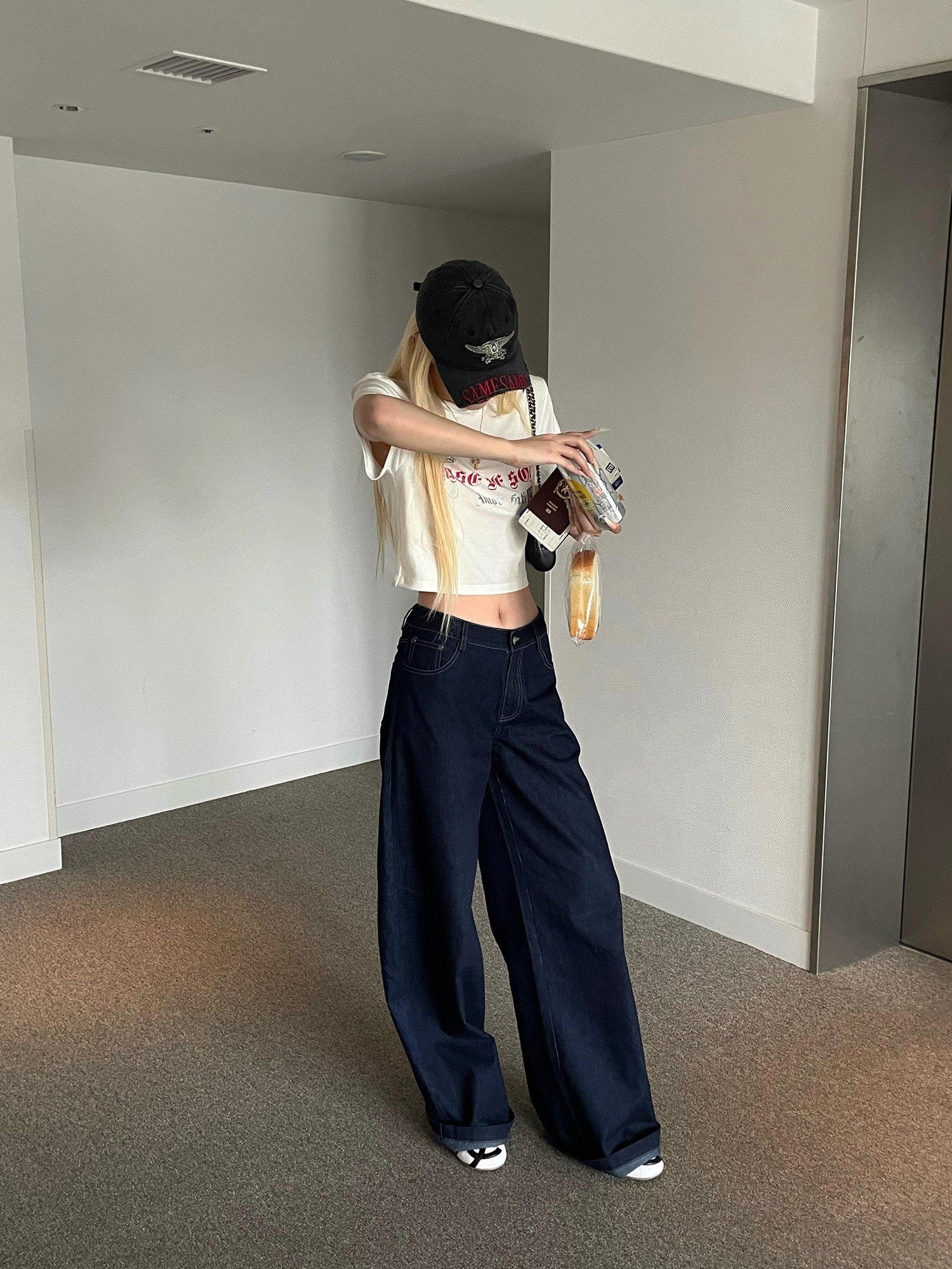 Rase le sol Raw Striped Low Rise Relaxed Straight Women's Denim Wide-leg Jeans