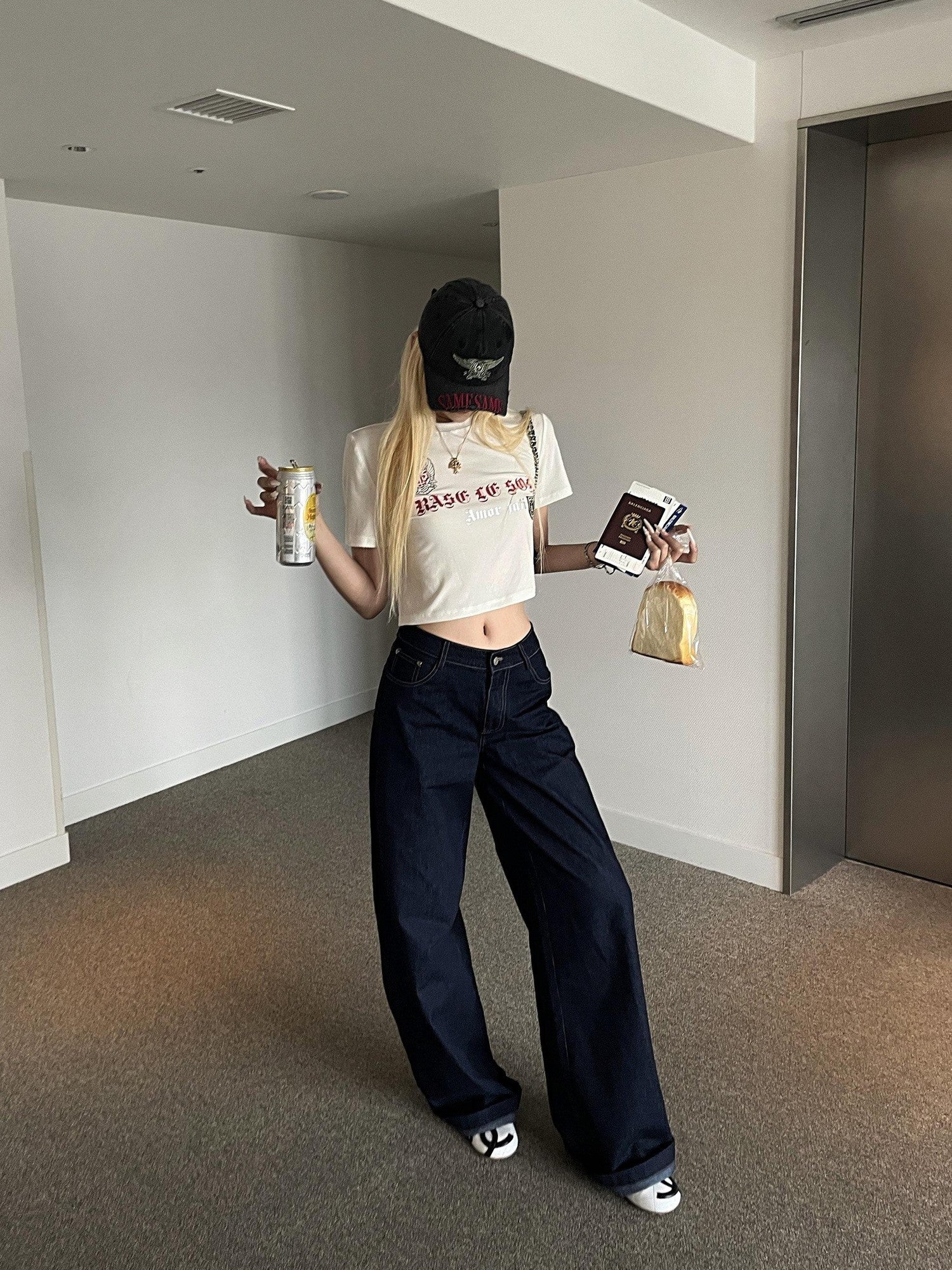 Rase le sol Raw Striped Low Rise Relaxed Straight Women's Denim Wide-leg Jeans