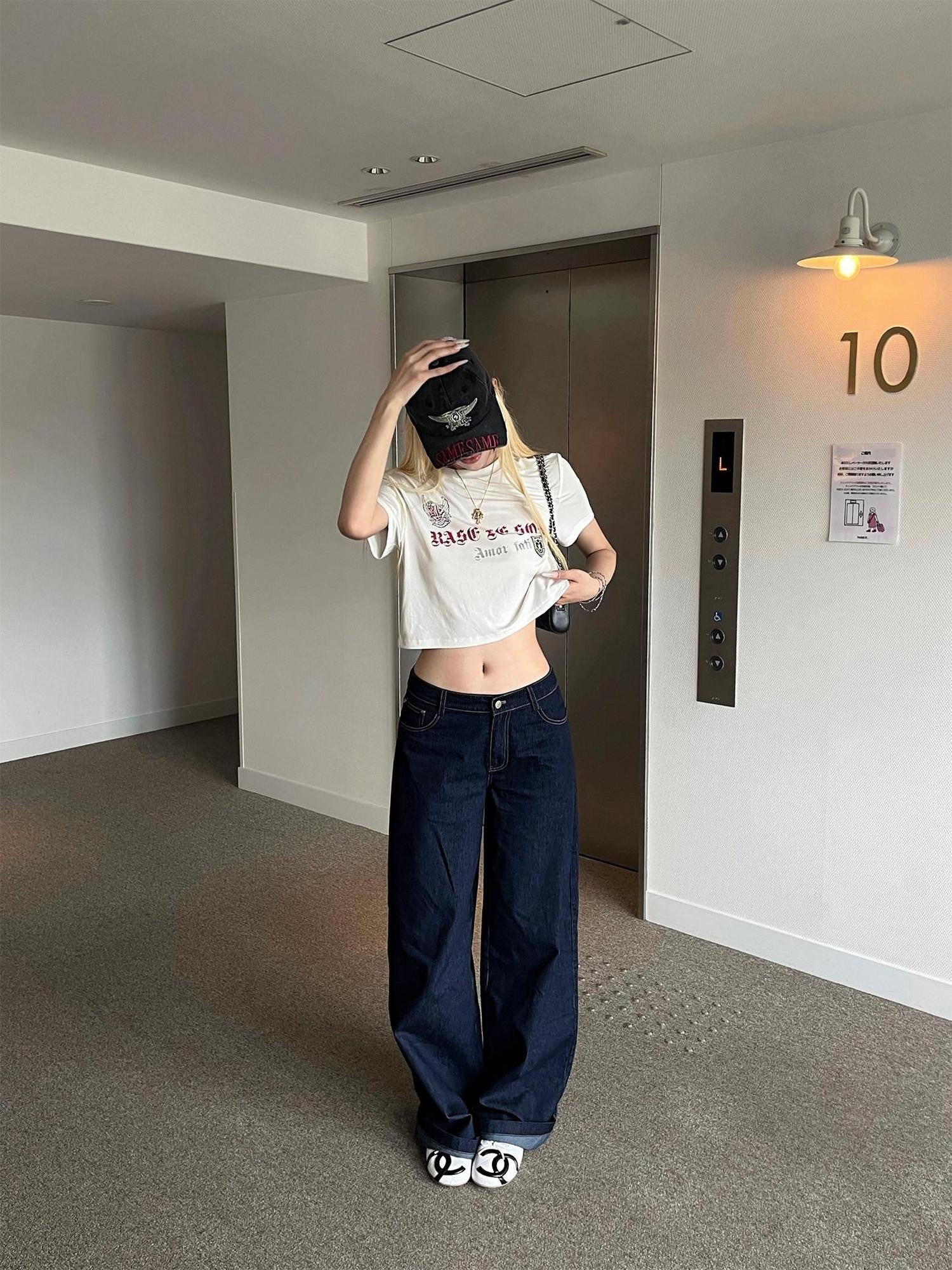 Rase le sol Raw Striped Low Rise Relaxed Straight Women's Denim Wide-leg Jeans