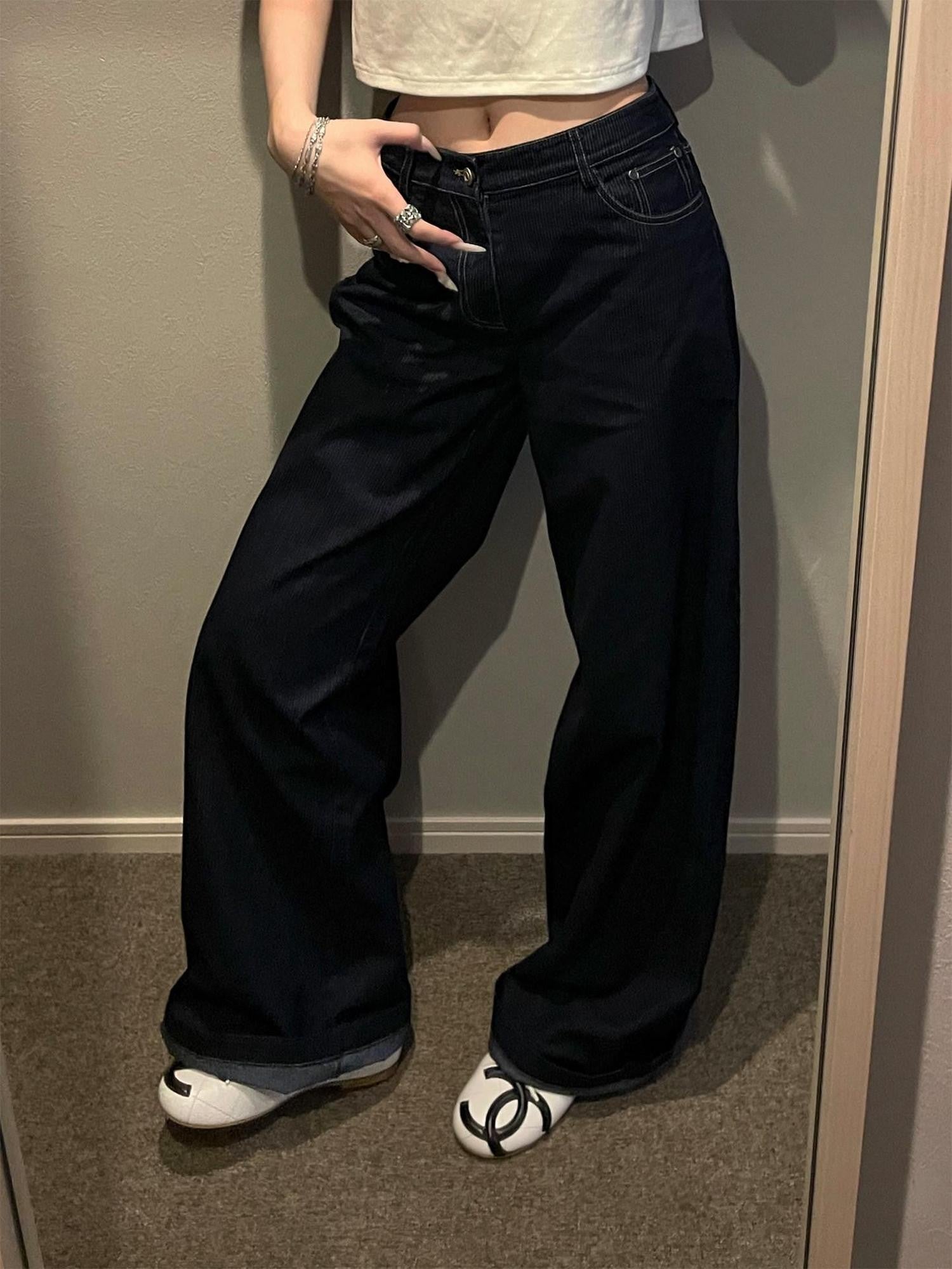 Rase le sol Raw Striped Low Rise Relaxed Straight Women's Denim Wide-leg Jeans