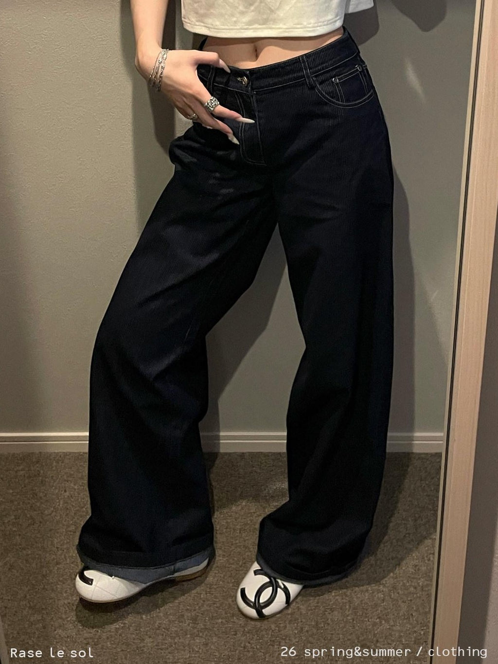 Rase le sol Raw Striped Low Rise Relaxed Straight Women's Denim Wide-leg Jeans