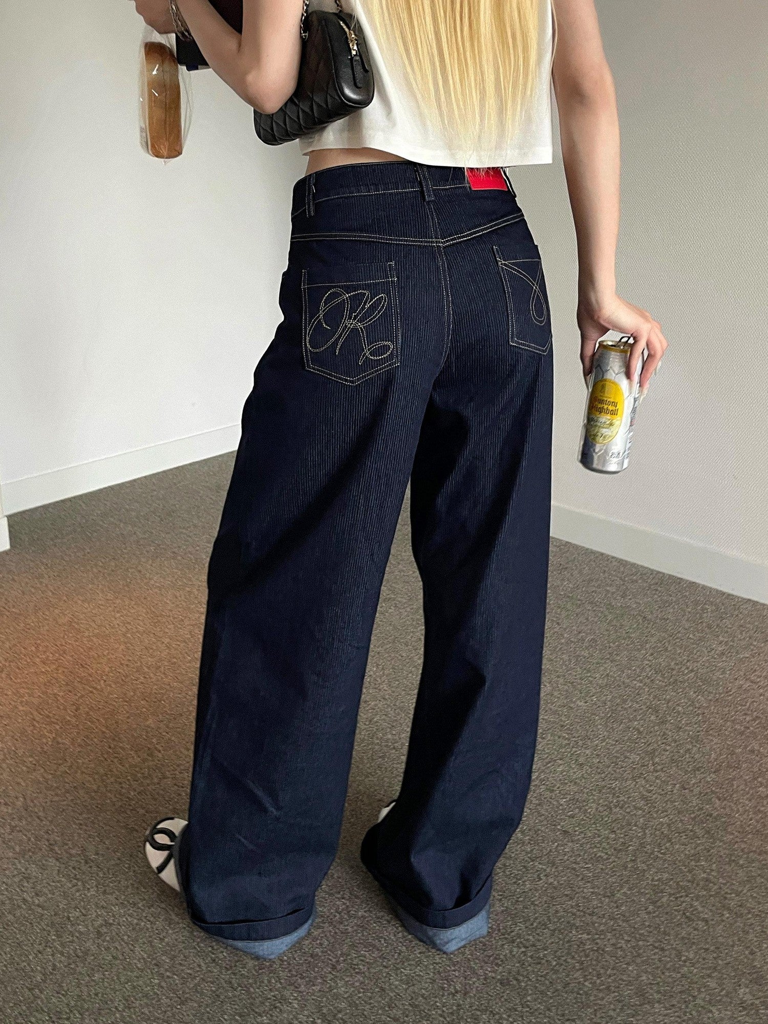 Rase le sol Raw Striped Low Rise Relaxed Straight Women's Denim Wide-leg Jeans