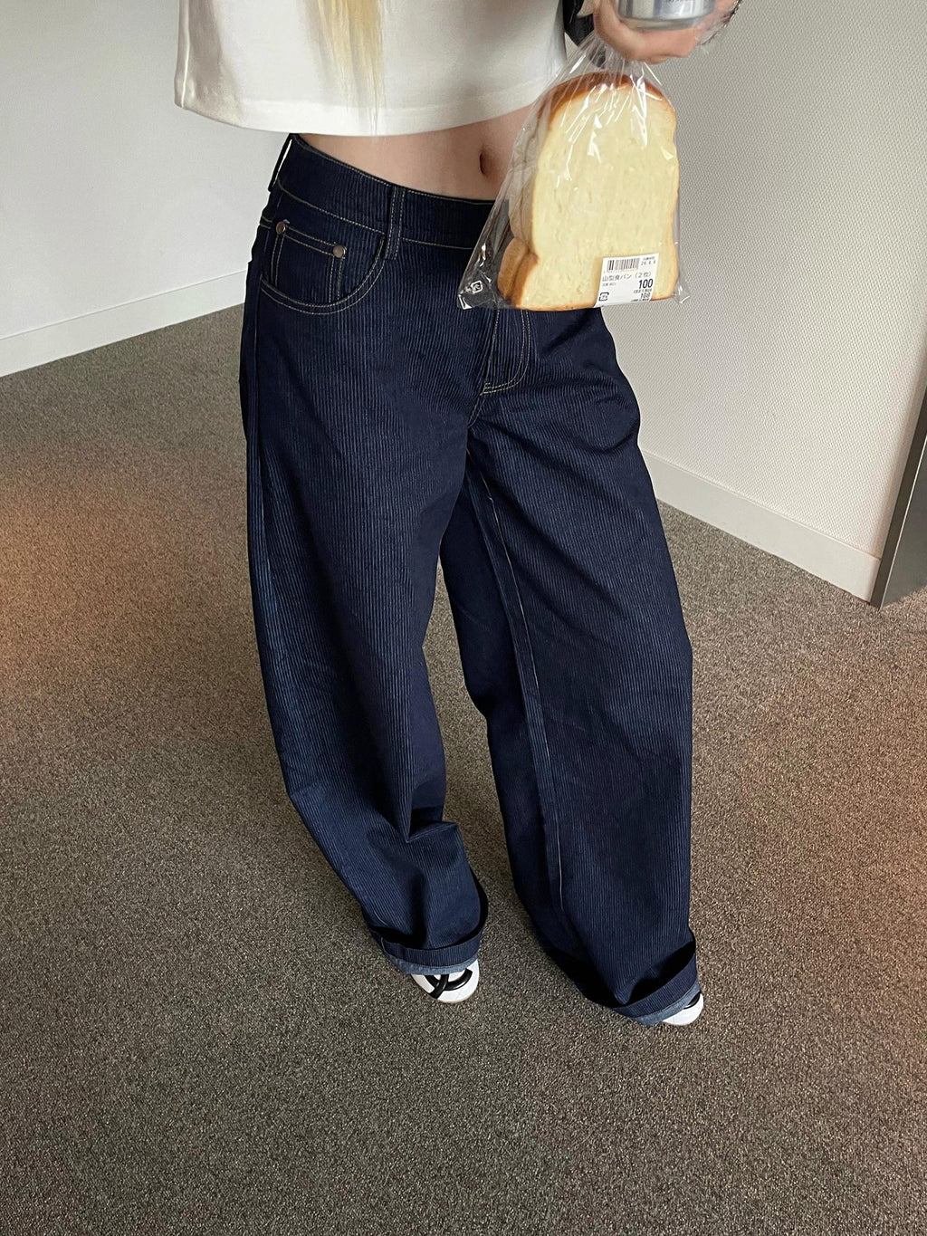 Rase le sol Raw Striped Low Rise Relaxed Straight Women's Denim Wide-leg Jeans