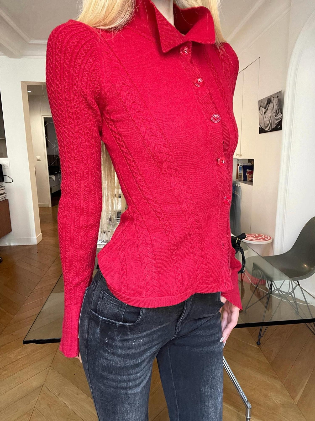Rase le sol Red Asymmetric Cable Knit Women's Polyester Cardigans