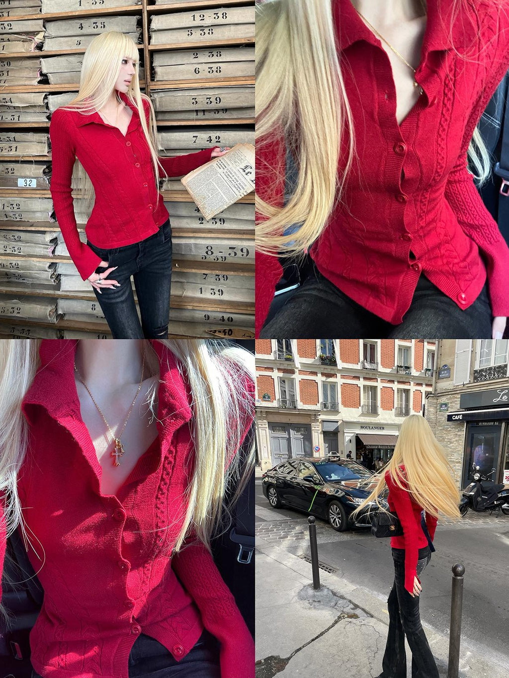 Rase le sol Red Asymmetric Cable Knit Women's Polyester Cardigans