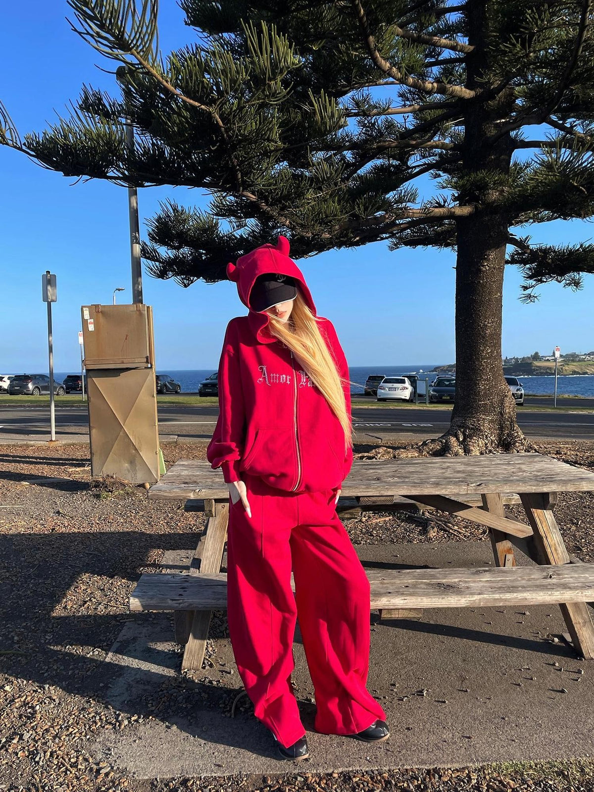 Rase le sol Red Devil Horn Rhinestone Embroidered Letter Hooded Women's Cotton Tracksuit Sets