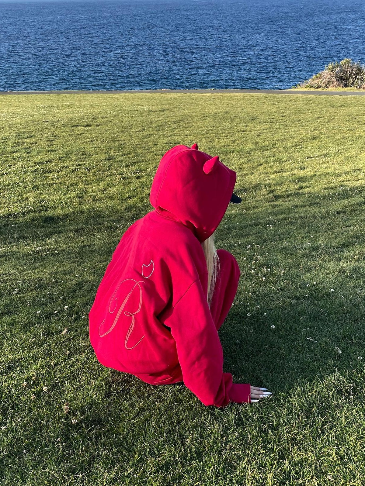 Rase le sol Red Devil Horn Rhinestone Embroidered Letter Hooded Women's Cotton Tracksuit Sets