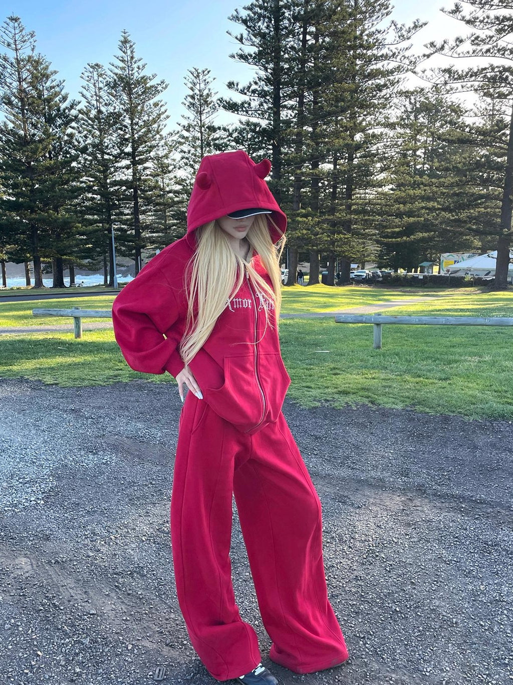 Rase le sol Red Devil Horn Rhinestone Embroidered Letter Hooded Women's Cotton Tracksuit Sets