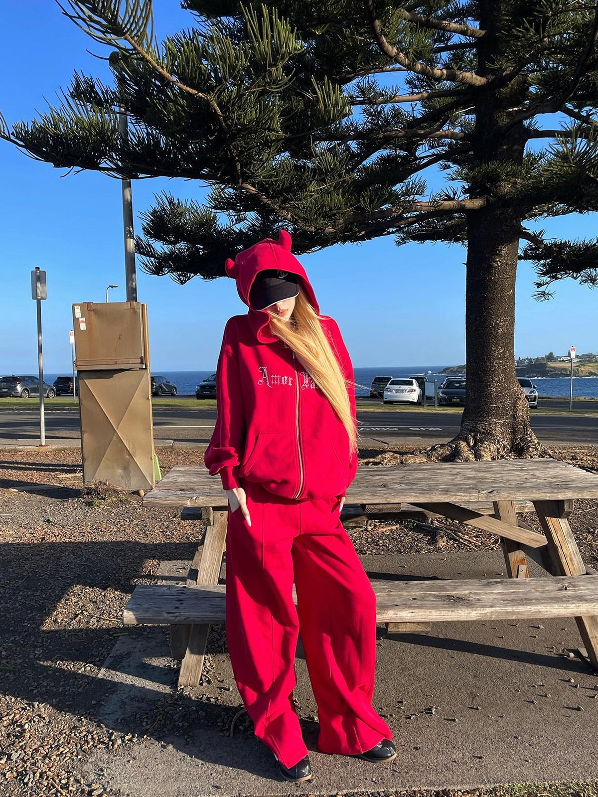 Rase le sol Red Devil Horn Rhinestone Embroidered Letter Hooded Women's Cotton Tracksuit Sets