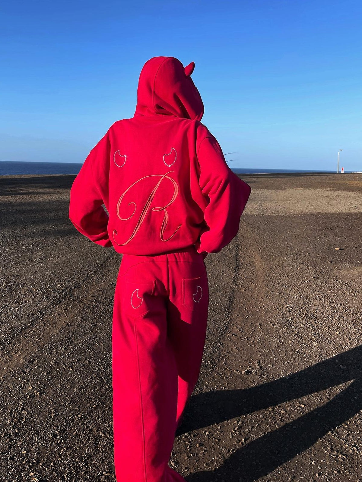 Rase le sol Red Devil Horn Rhinestone Embroidered Letter Hooded Women's Cotton Tracksuit Sets