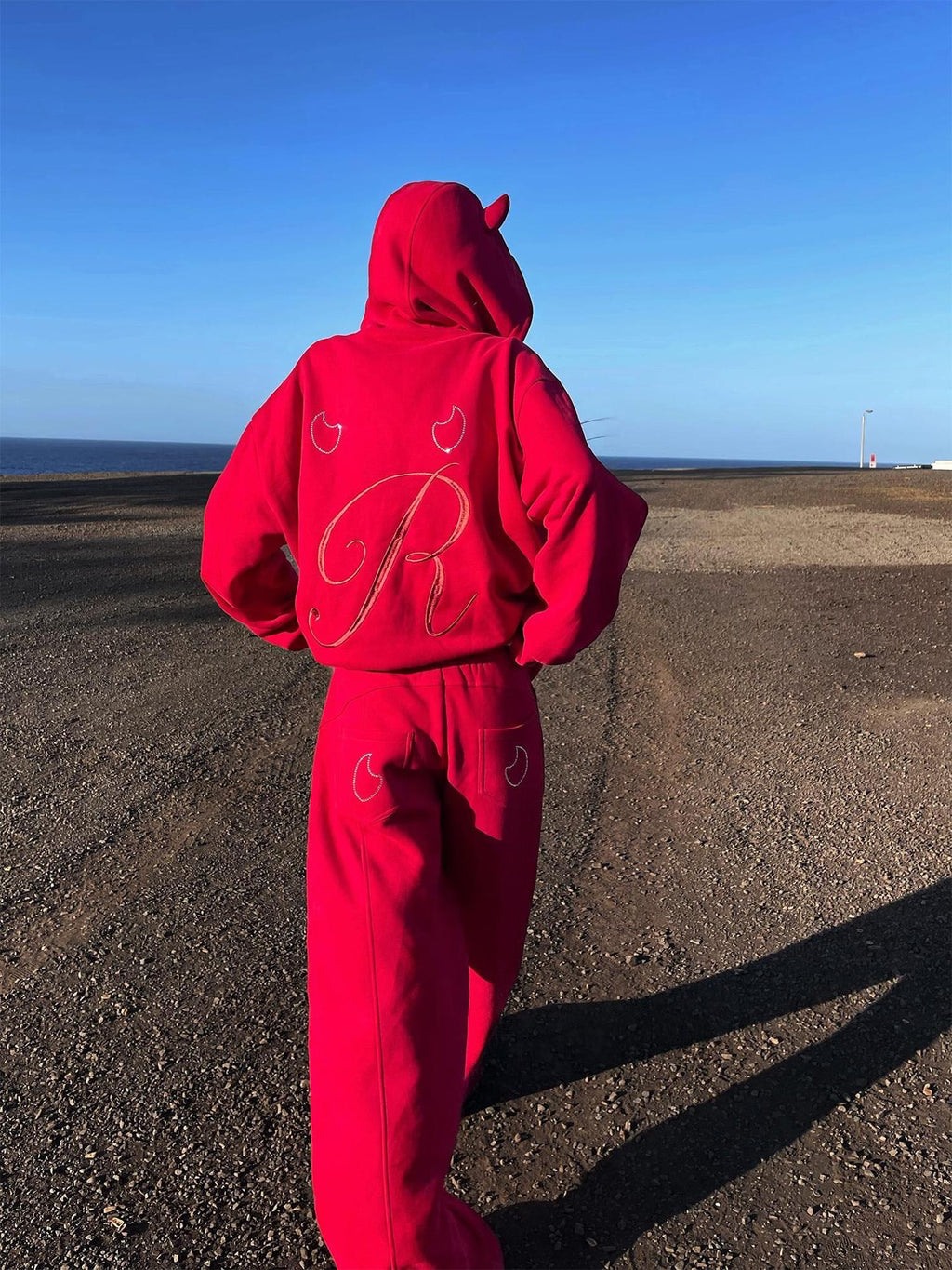 Rase le sol Red Devil Horn Rhinestone Embroidered Letter Hooded Women's Cotton Tracksuit Sets