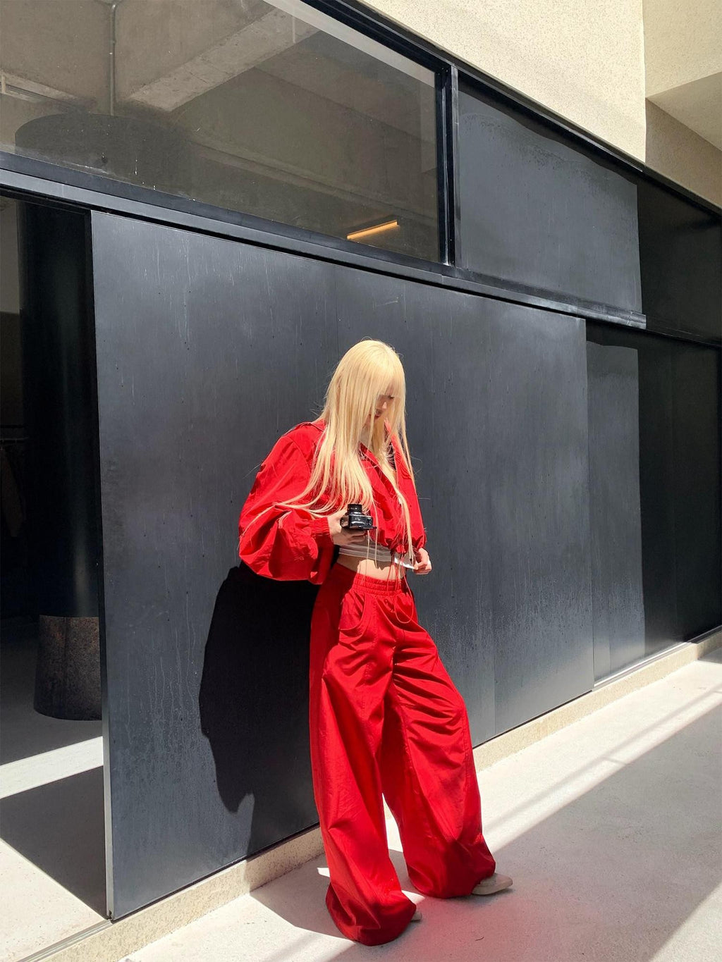 Rase le sol Red Oversized Boxy Jacket With Wide Leg Pants Women's Tracksuit Sets