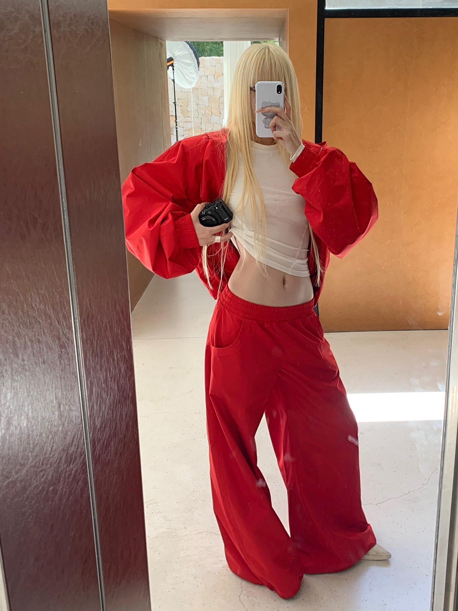 Rase le sol Red Oversized Boxy Jacket With Wide Leg Pants Women's Tracksuit Sets