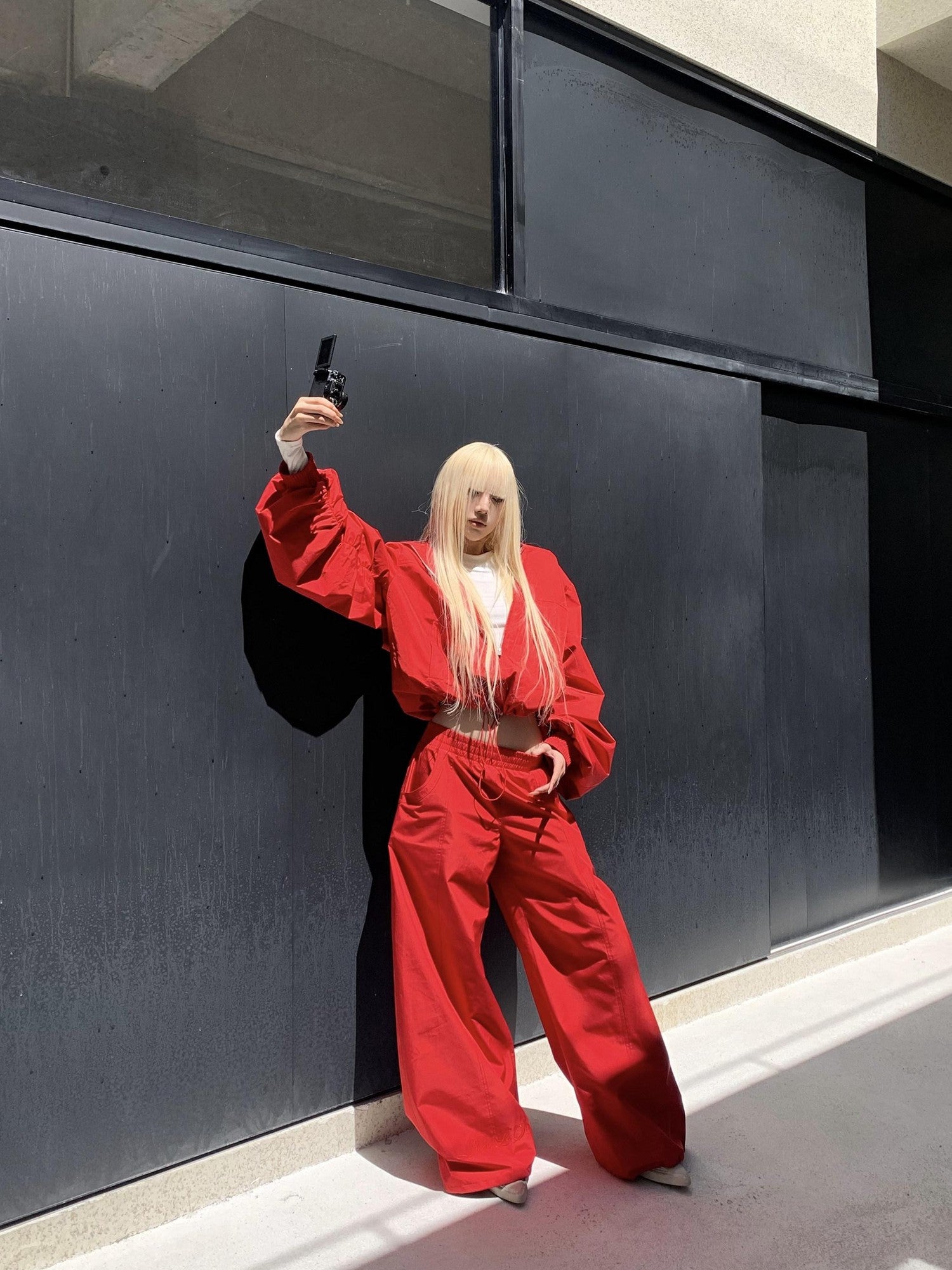 Rase le sol Red Oversized Boxy Jacket With Wide Leg Pants Women's Tracksuit Sets