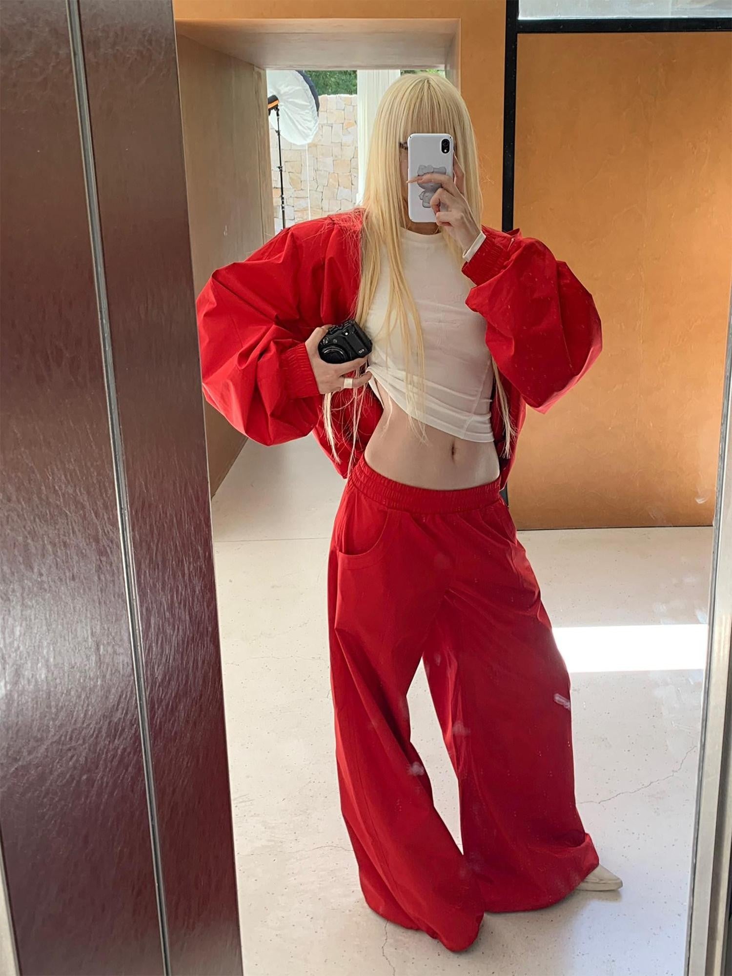 Rase le sol Red Oversized Boxy Jacket With Wide Leg Pants Women's Tracksuit Sets