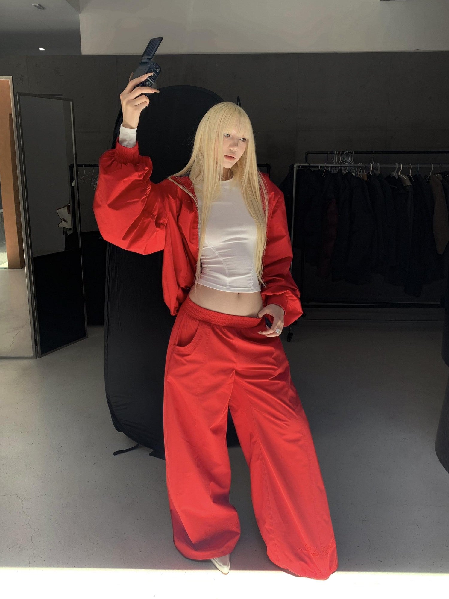 Rase le sol Red Oversized Boxy Jacket With Wide Leg Pants Women's Tracksuit Sets