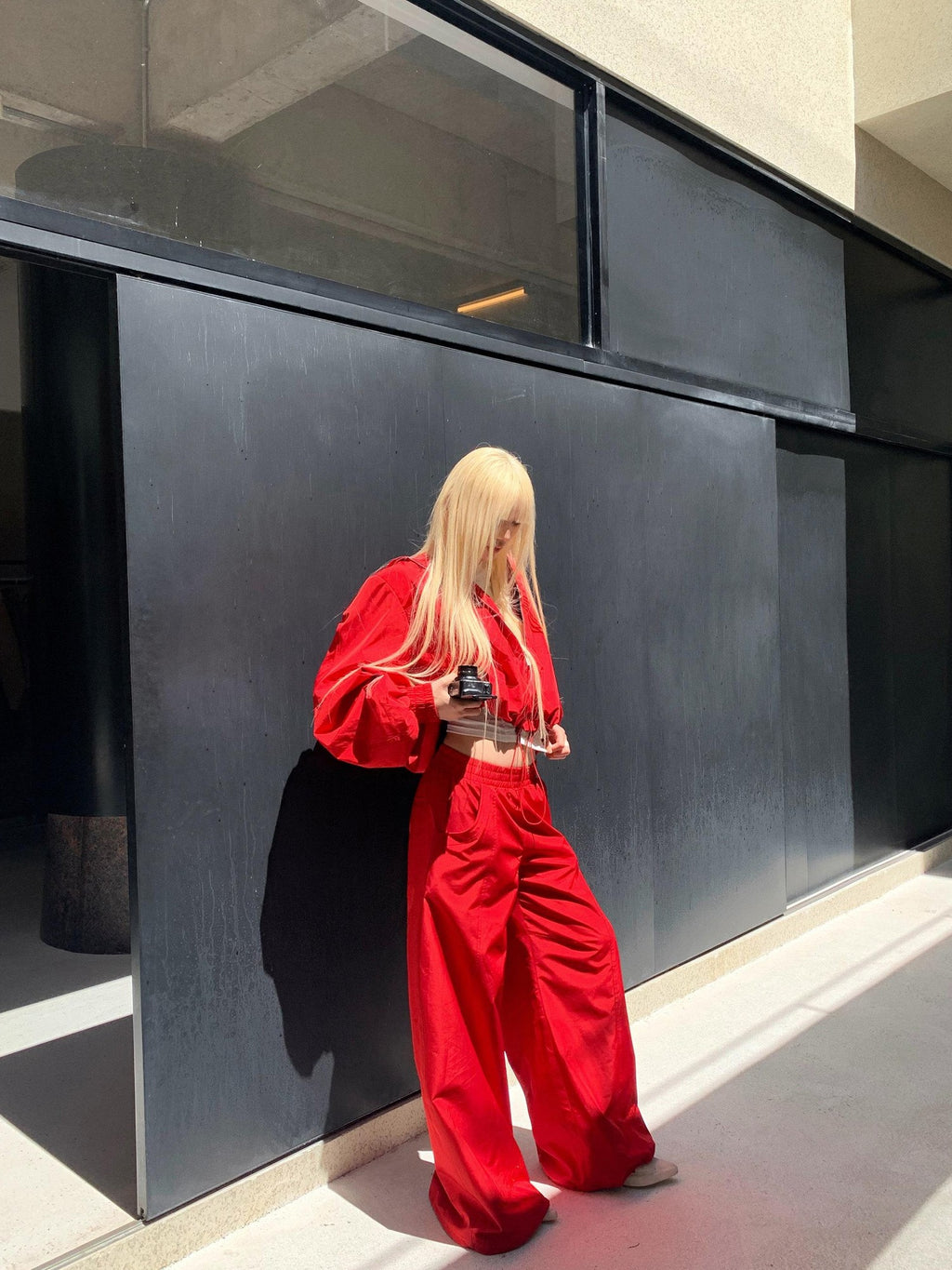 Rase le sol Red Oversized Boxy Jacket With Wide Leg Pants Women's Tracksuit Sets