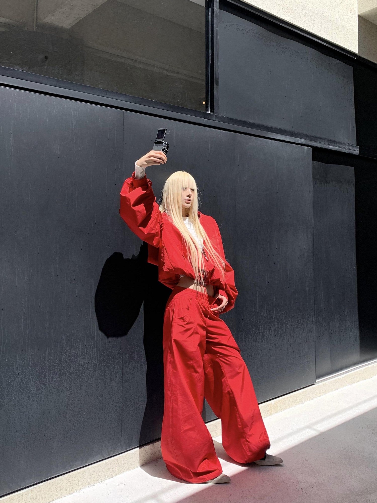 Rase le sol Red Oversized Boxy Jacket With Wide Leg Pants Women's Tracksuit Sets