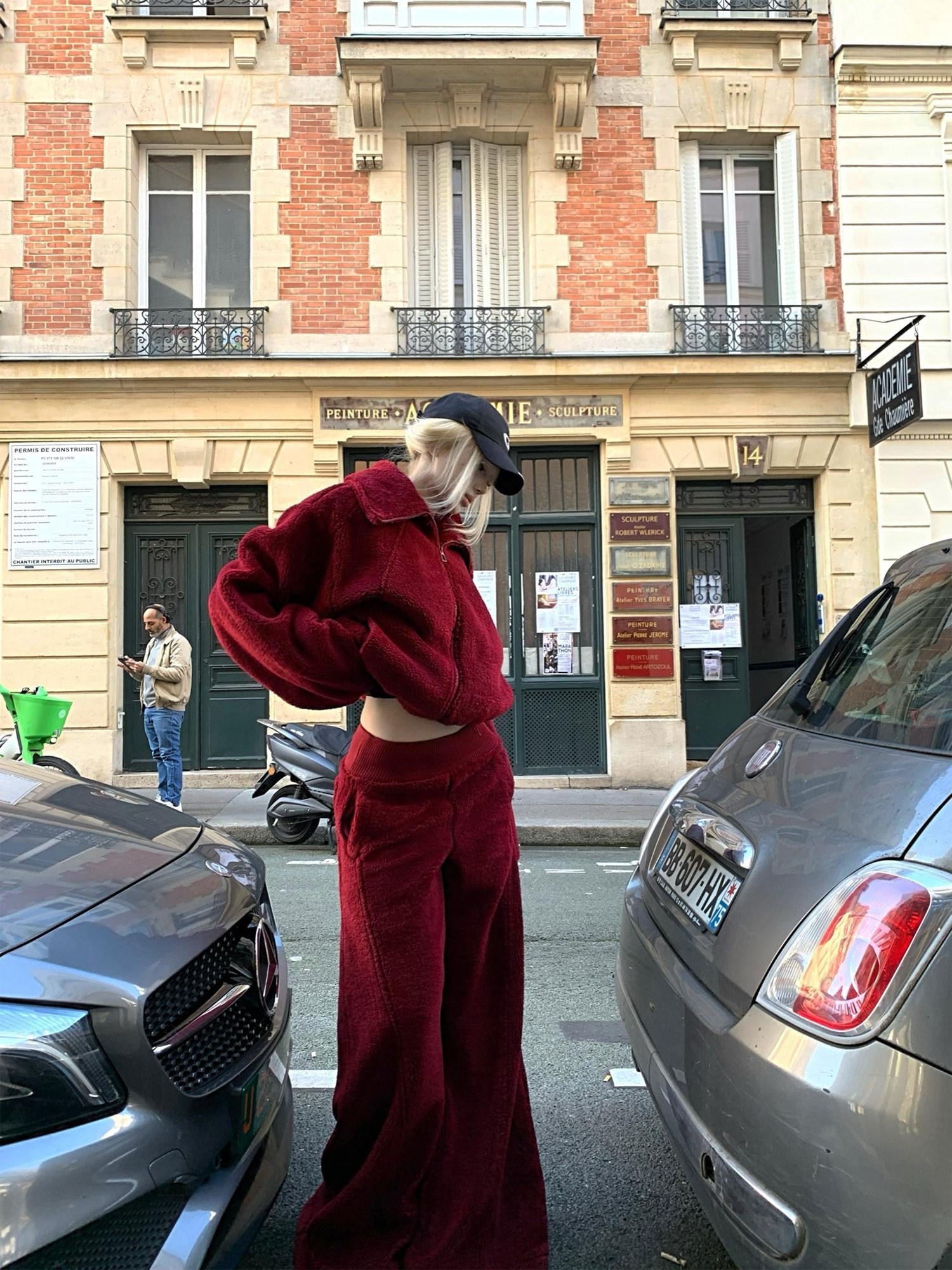 Rase le sol Red Oversized Cropped Women's Polar Fleece Casual Top & Pants Sets
