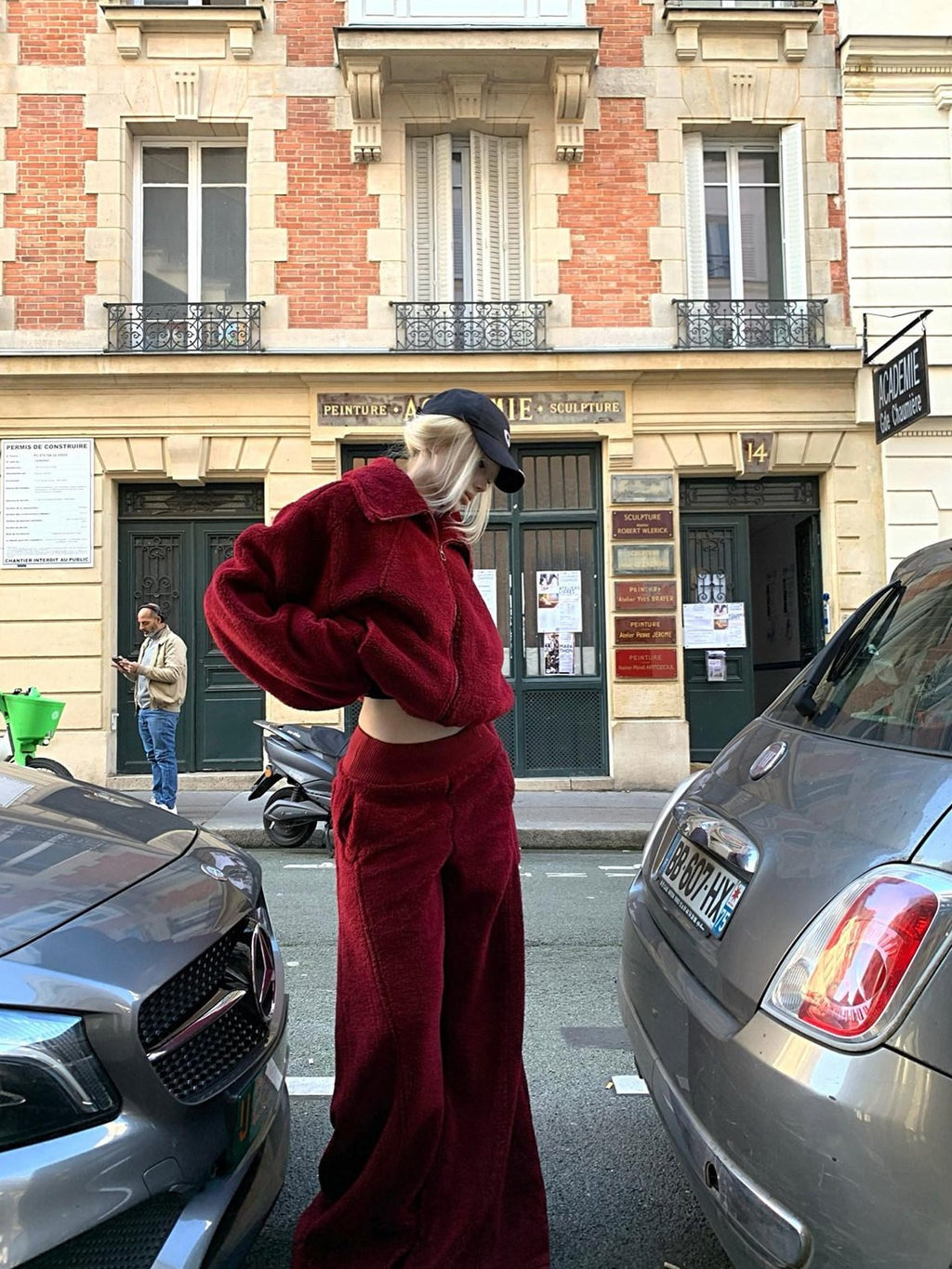 Rase le sol Red Oversized Cropped Women's Polar Fleece Casual Top & Pants Sets