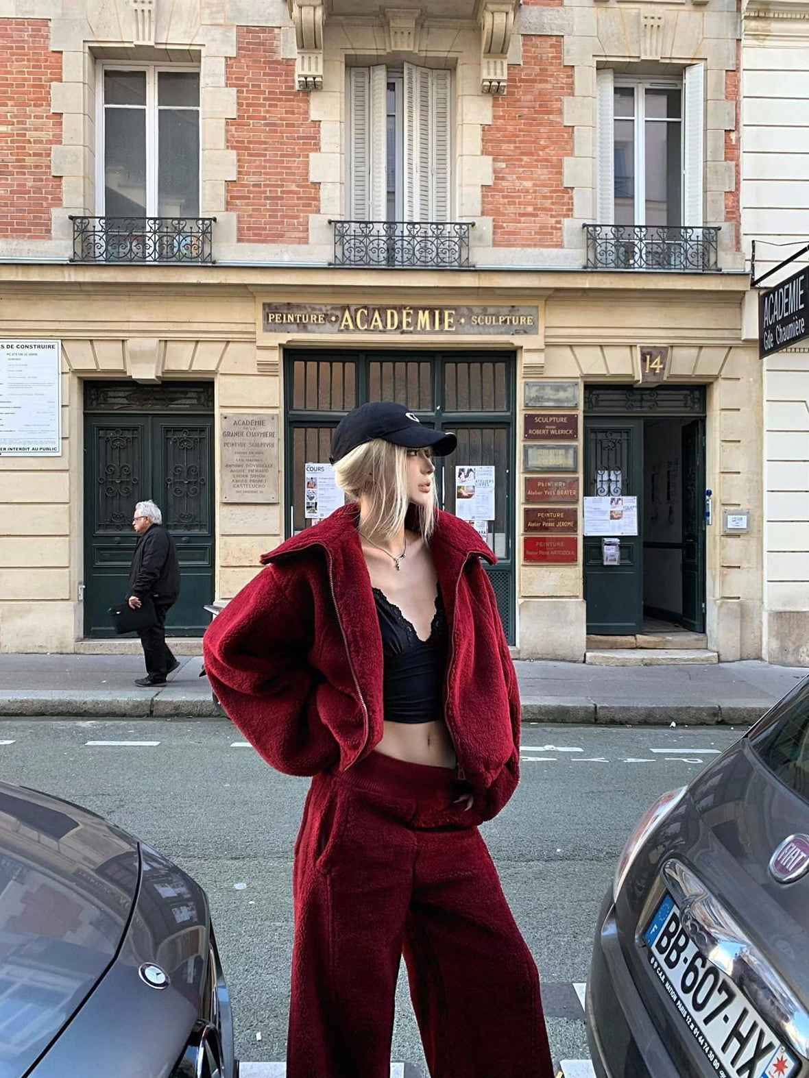 Rase le sol Red Oversized Cropped Women's Polar Fleece Casual Top & Pants Sets